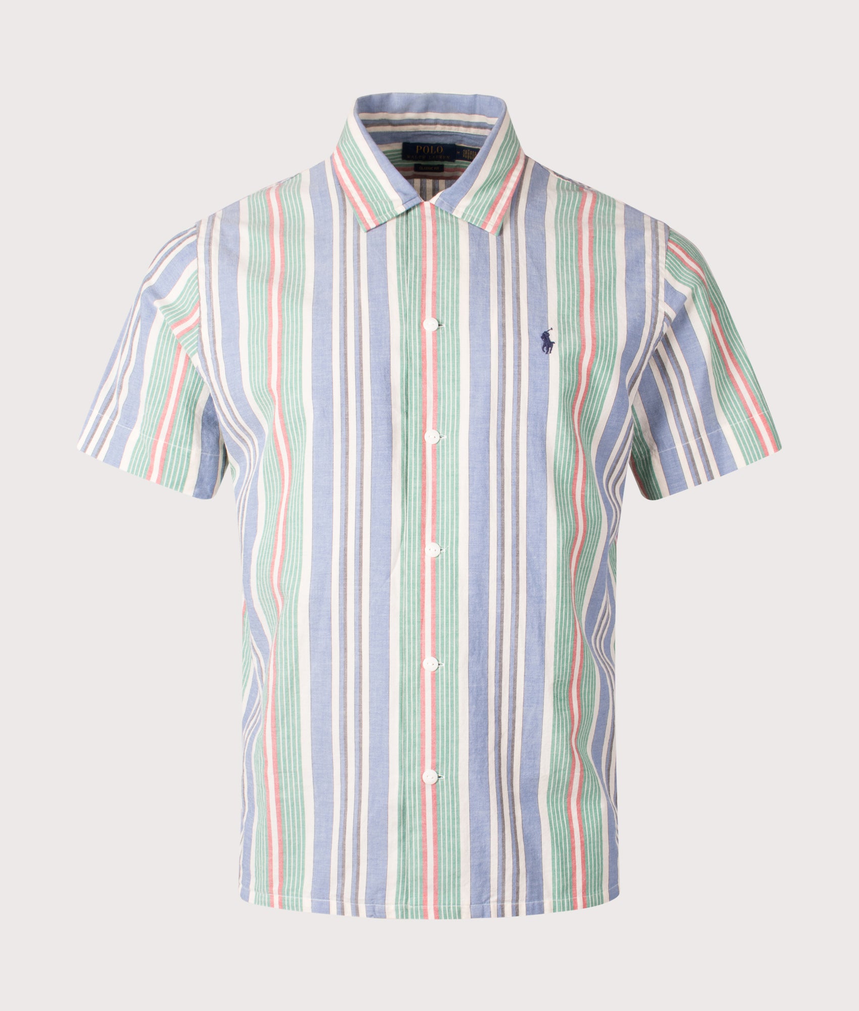 Polo Ralph Lauren Classic Fit Short Sleeve Striped Chambray Camp Shirt in Blue/Green multicolour. Shot at EQVVS. . Shot at EQVVS. Front shot 