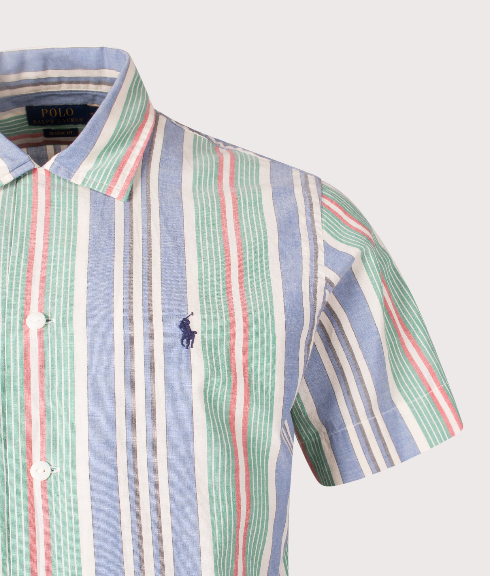 Polo Ralph Lauren Classic Fit Short Sleeve Striped Chambray Camp Shirt in Blue/Green multicolour. Shot at EQVVS. Front detail shot 