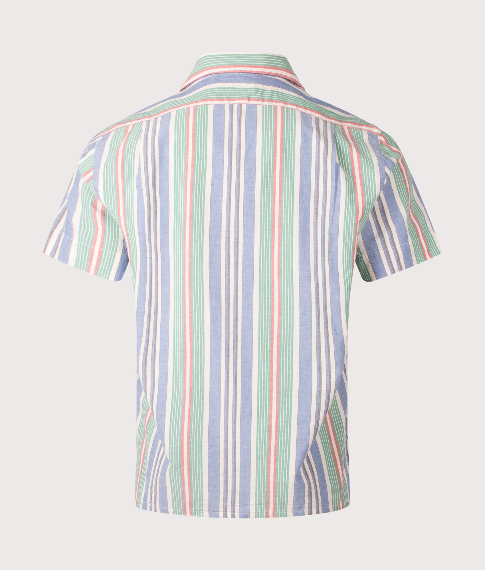 Polo Ralph Lauren Classic Fit Short Sleeve Striped Chambray Camp Shirt in Blue/Green multicolour. Shot at EQVVS.   Back shot 