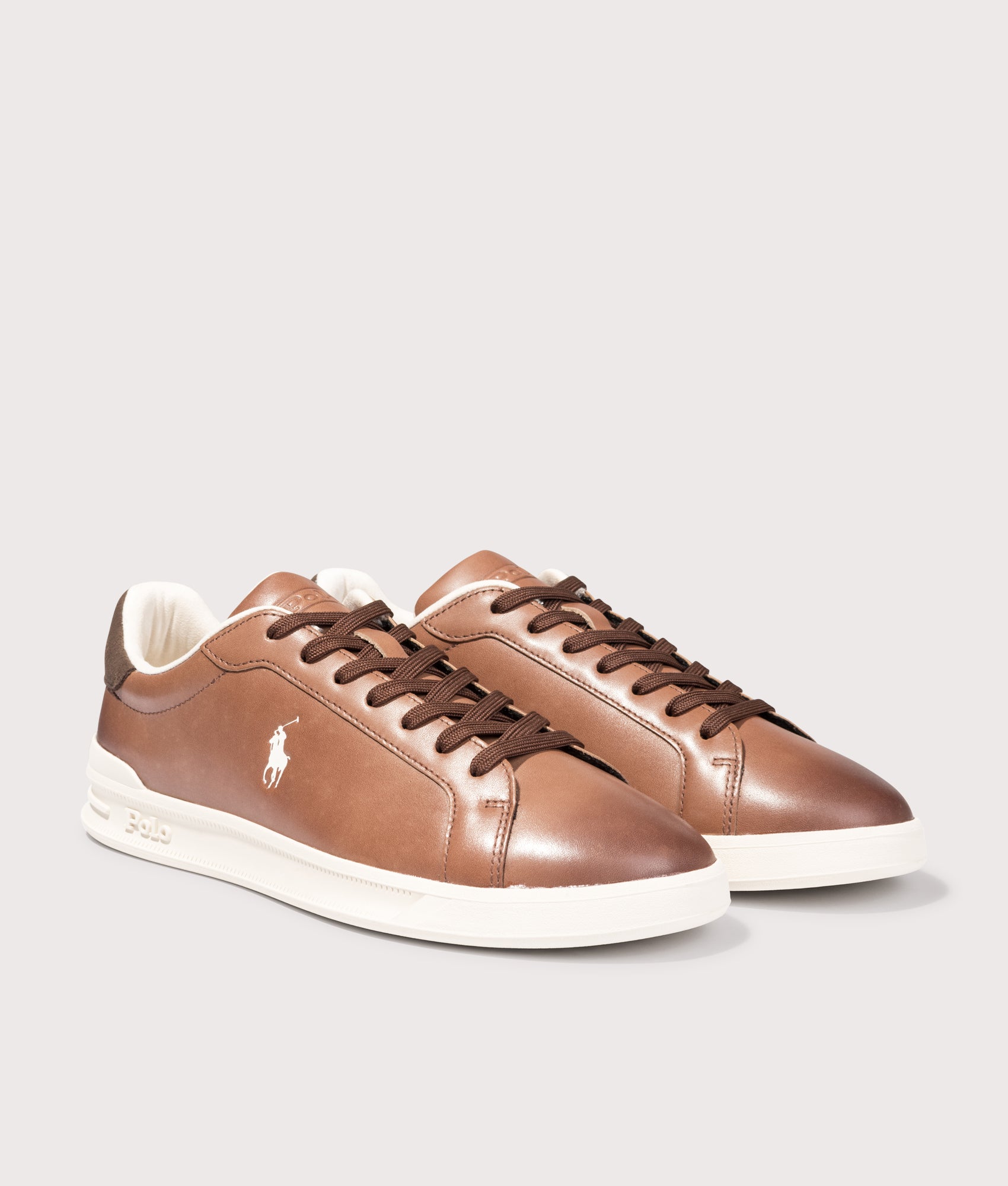 Polo Ralph Lauren Heritage Court II arrive in the Tan and Ecru at EQVVS Menswear. Angled front shot. 