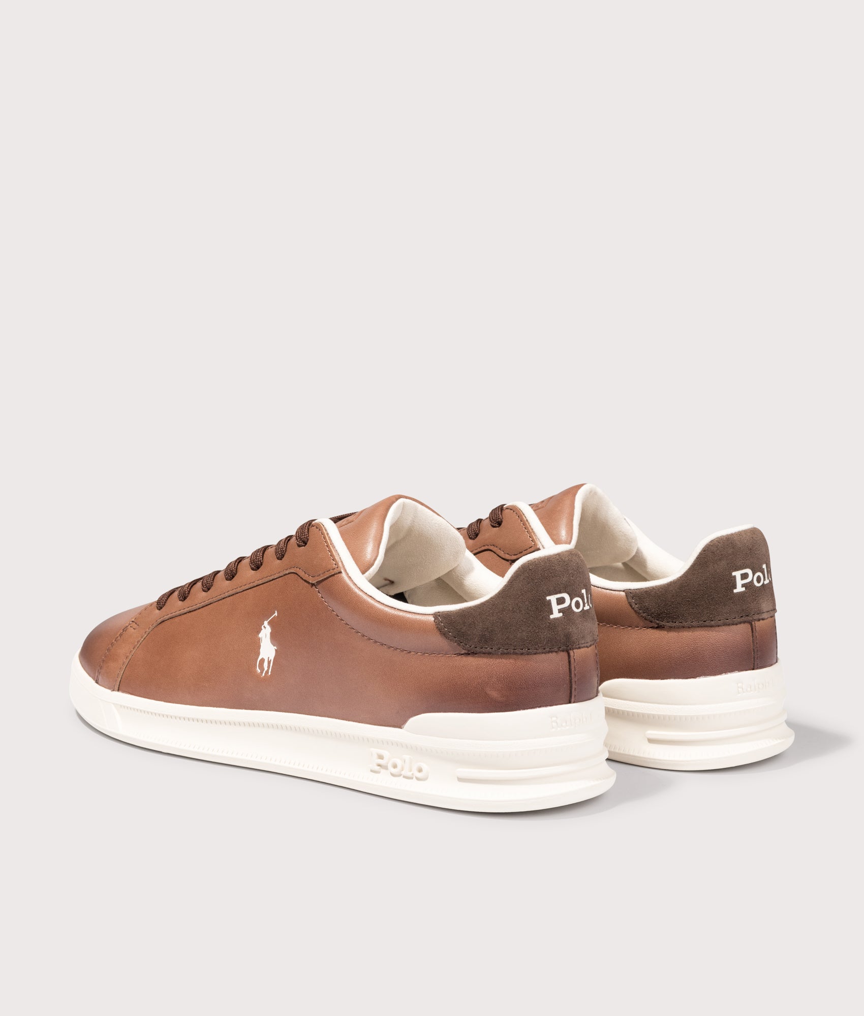 Polo Ralph Lauren Heritage Court II arrive in the Tan and Ecru at EQVVS Menswear. Angled back shot.