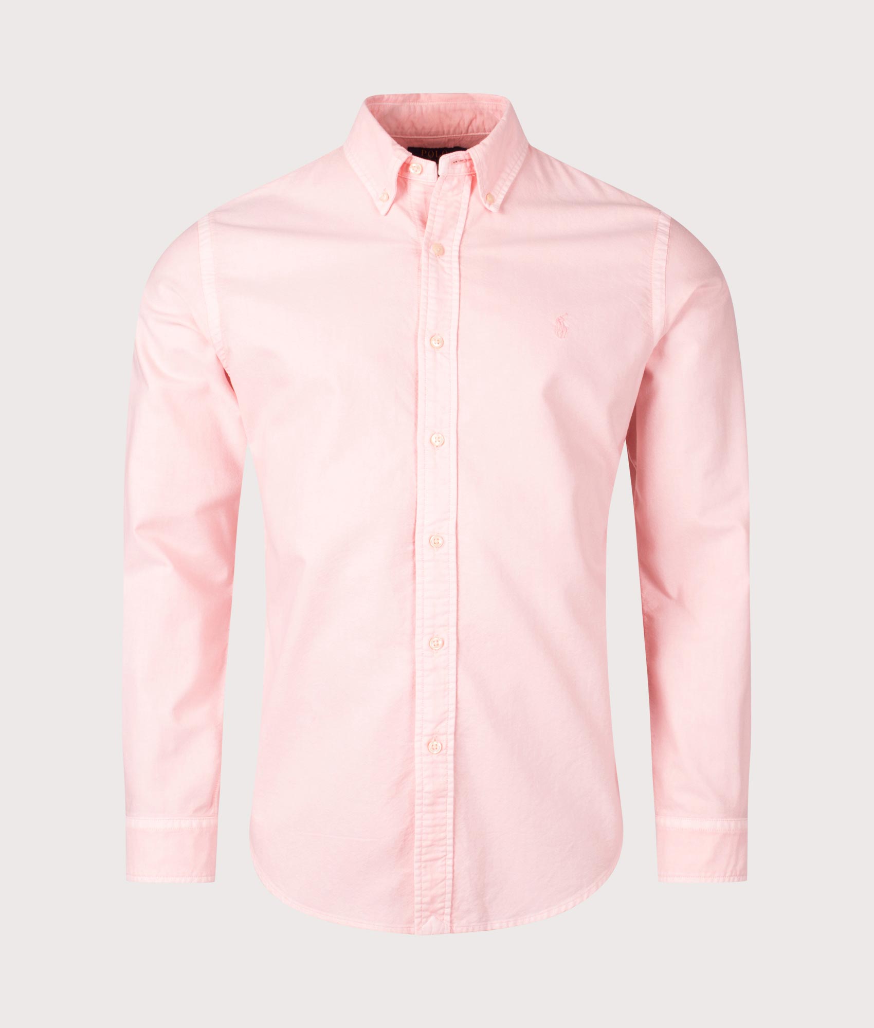 Polo Ralph Lauren Custom Fit Mineral-Dyed Oxford Shirt in Rose. Shot at EQVVS. Front shot 