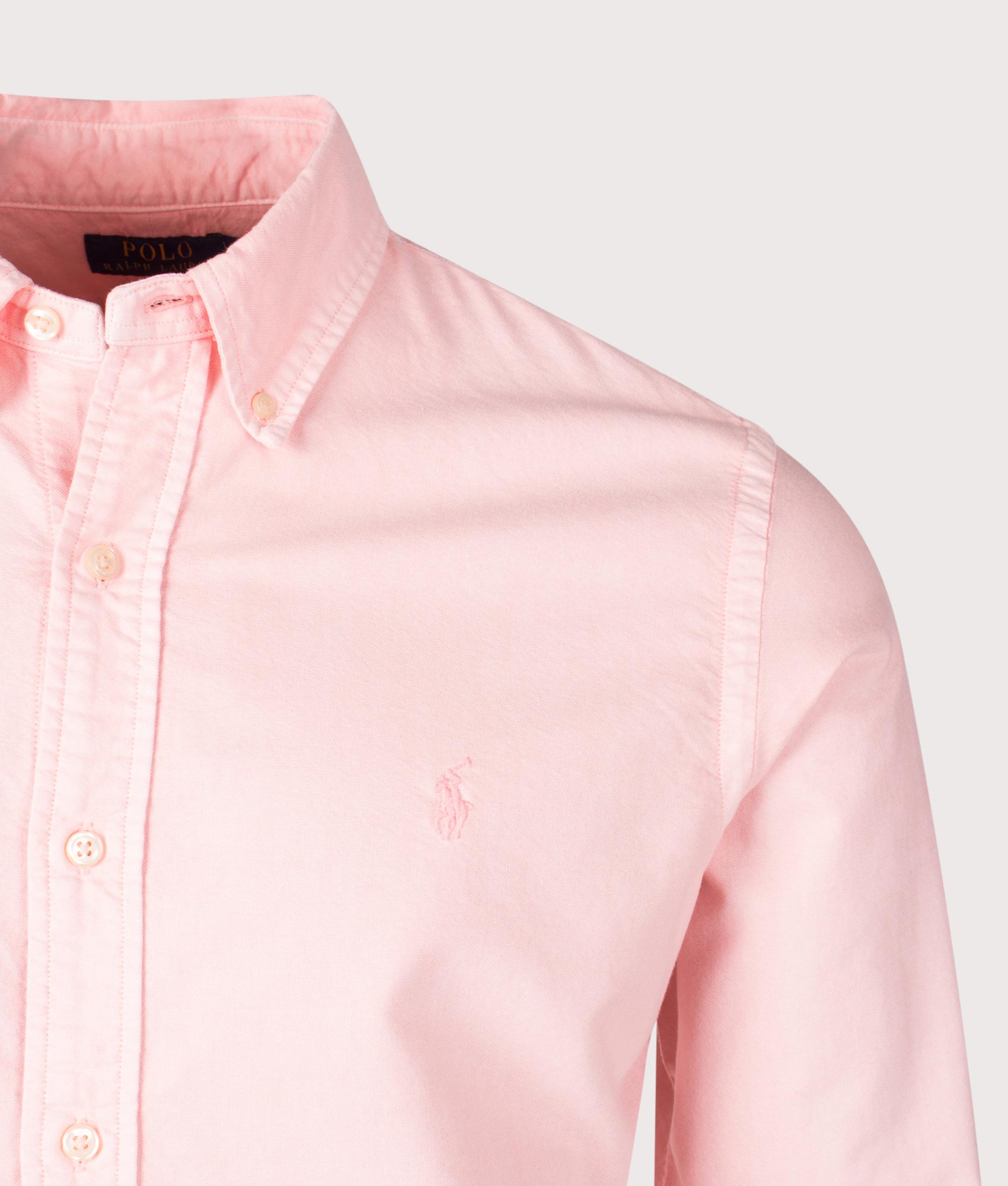 Polo Ralph Lauren Custom Fit Mineral-Dyed Oxford Shirt in Rose. Shot at EQVVS. Font detail shot 
