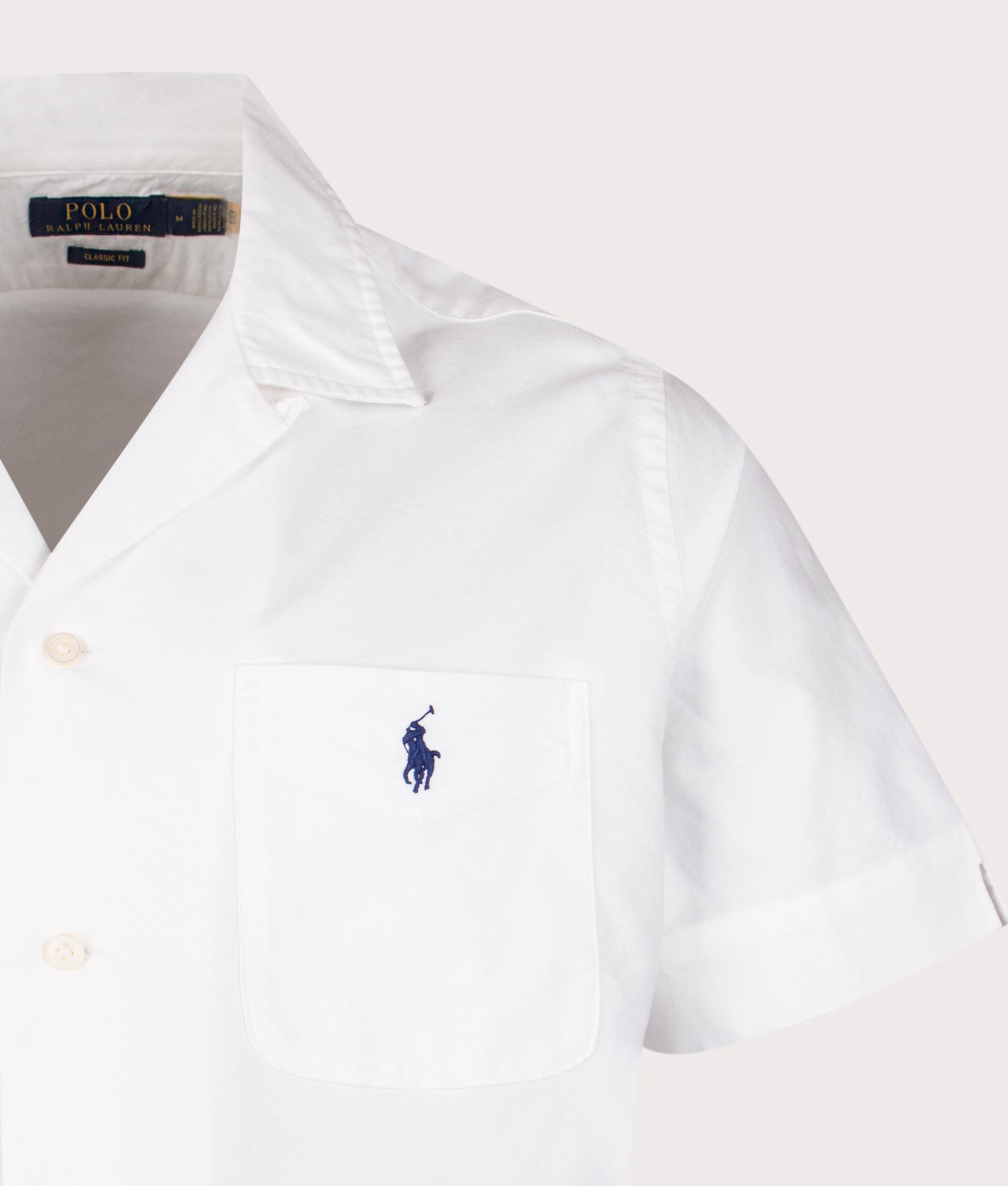 Polo Ralph Lauren Classic Fit Oxford Camp Shirt in White at EQVVS. Detail Shot.