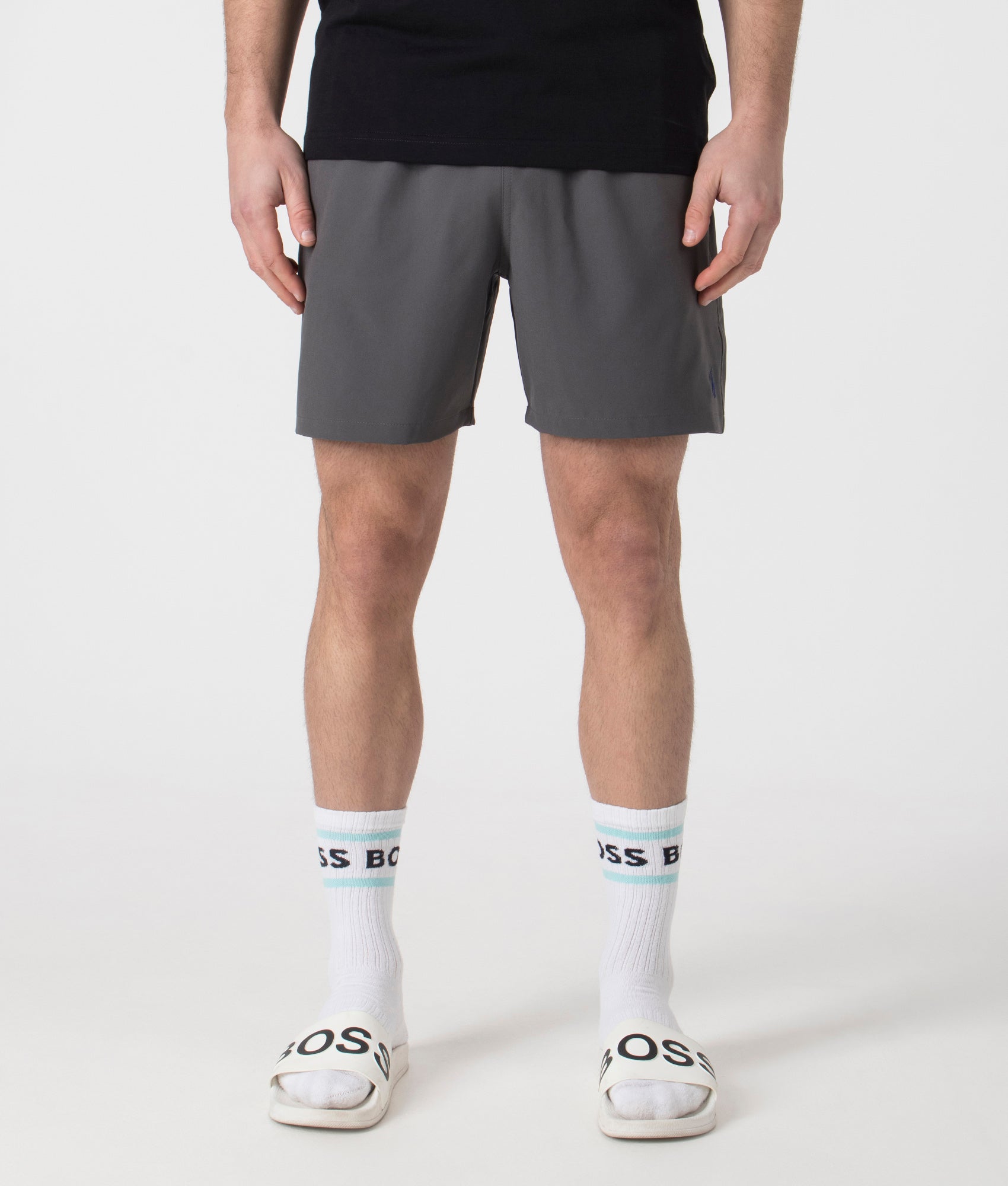 Polo Ralph Lauren Regular Fit Classic Swim Trunks in Grey Cast. Shot at EQVVS.  Front shot. 