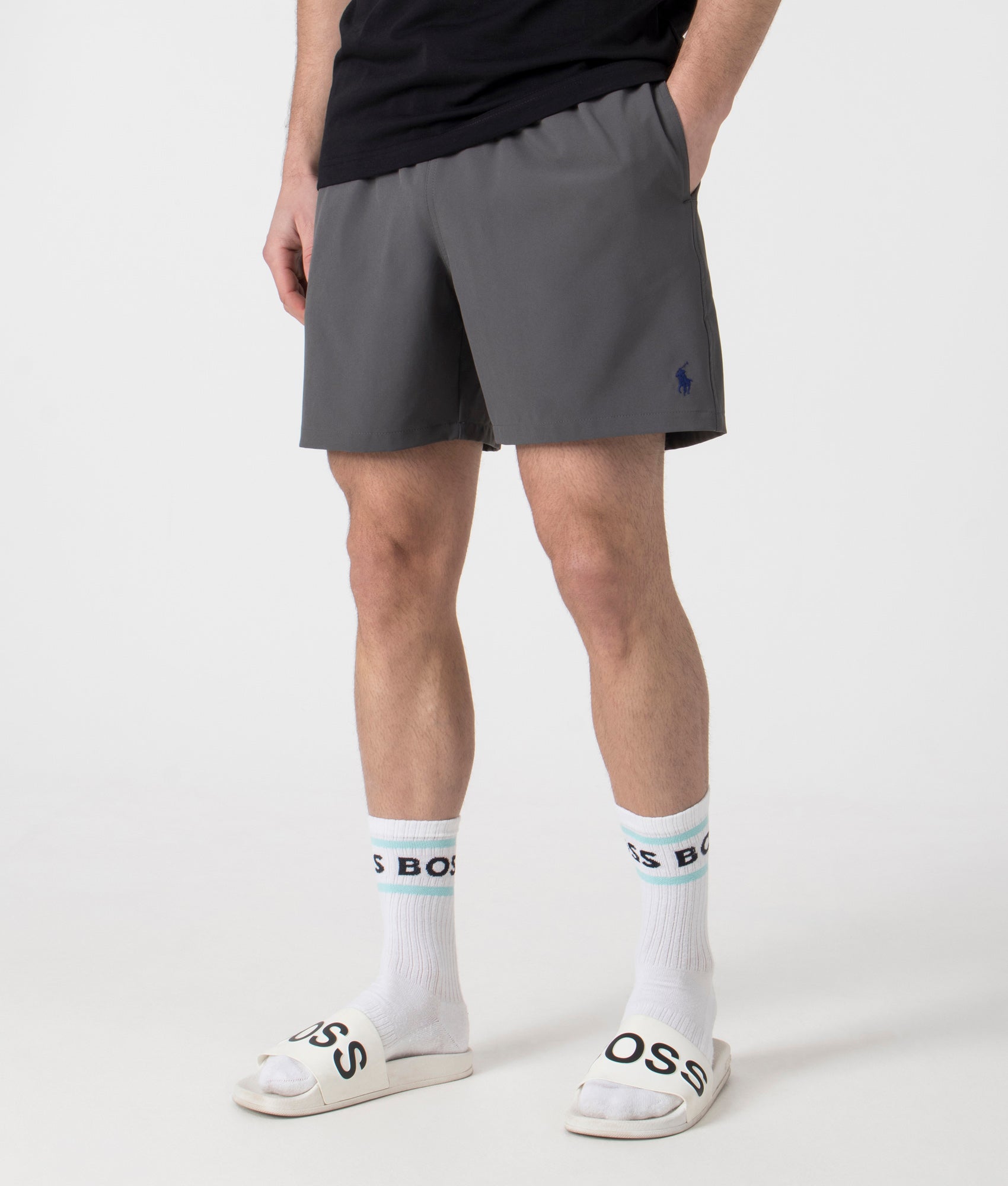 Polo Ralph Lauren Regular Fit Classic Swim Trunks in Grey Cast. Shot at EQVVS. Side shot. 