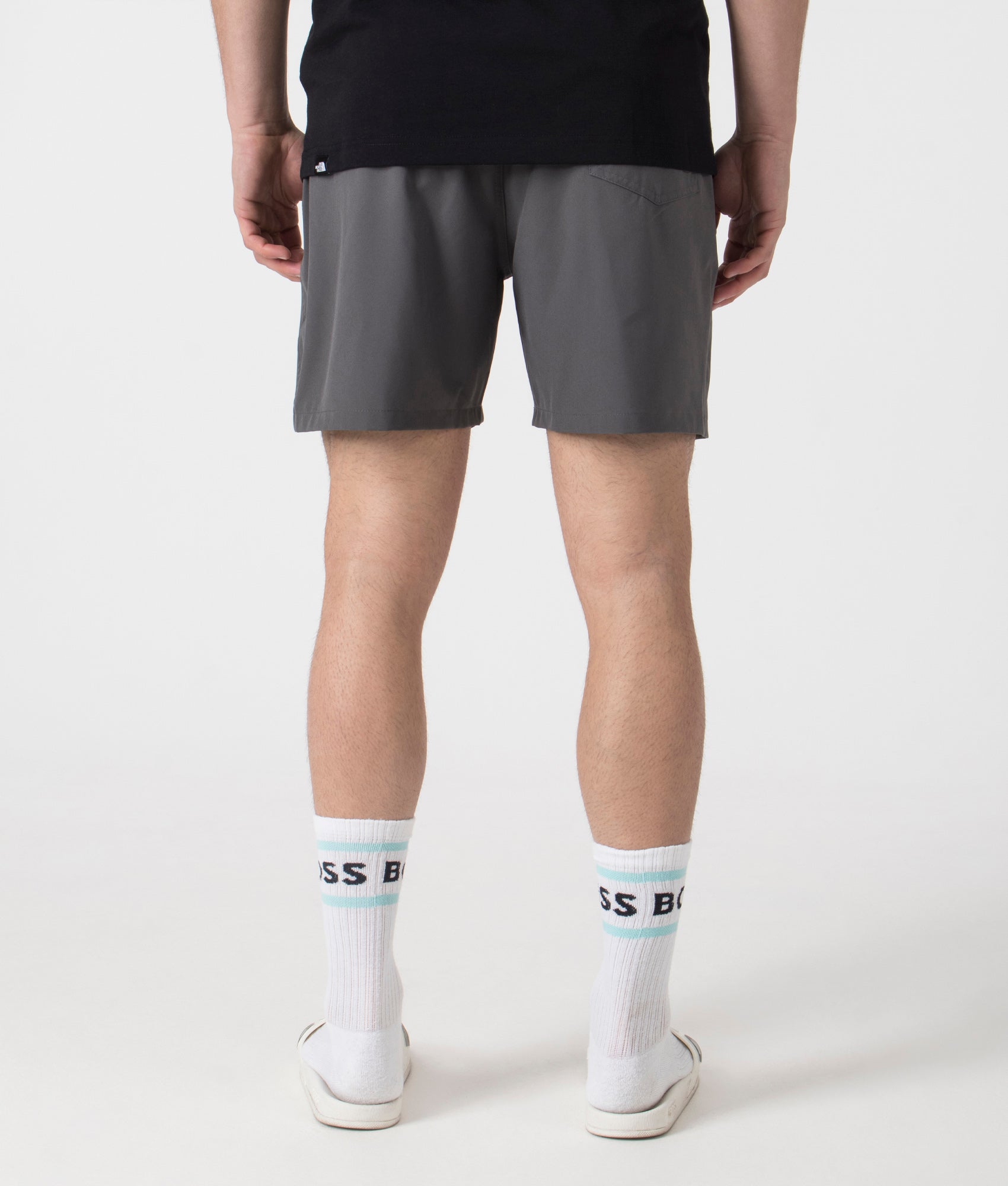 Polo Ralph Lauren Regular Fit Classic Swim Trunks in Grey Cast. Shot at EQVVS.  Back shot. 