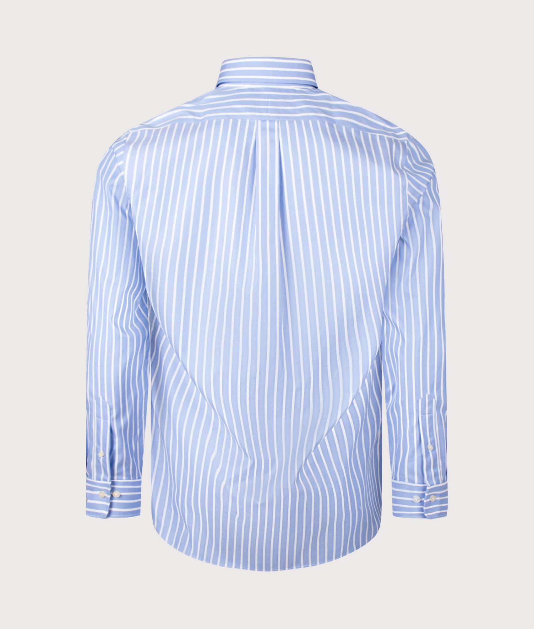 Polo Ralph Lauren Custom Fit Striped Pinpoint Oxford Shirt in Blue and White at EQVVS Menswear. Back shot.