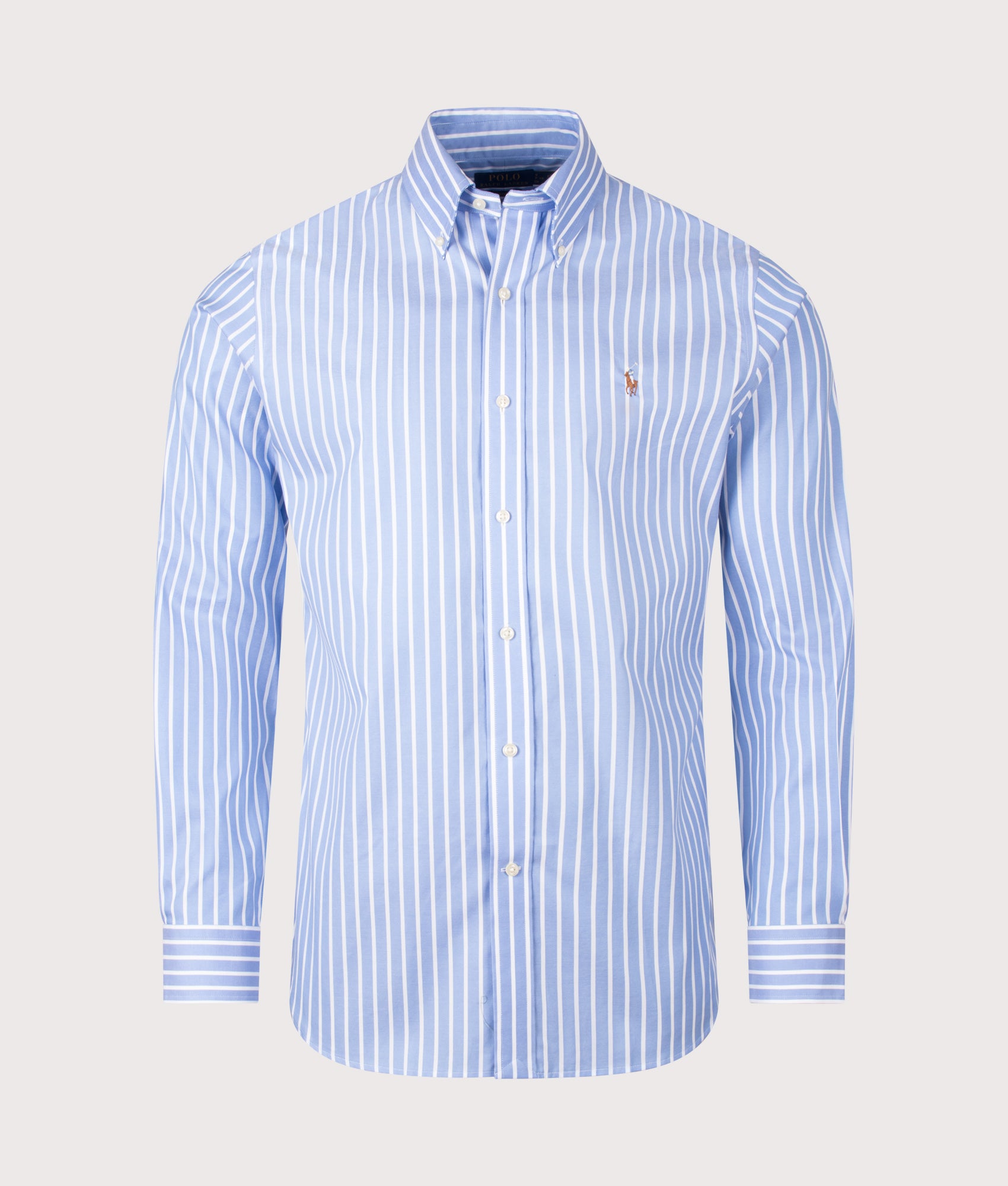 Polo Ralph Lauren Custom Fit Striped Pinpoint Oxford Shirt in Blue and White at EQVVS Menswear. Front shot.