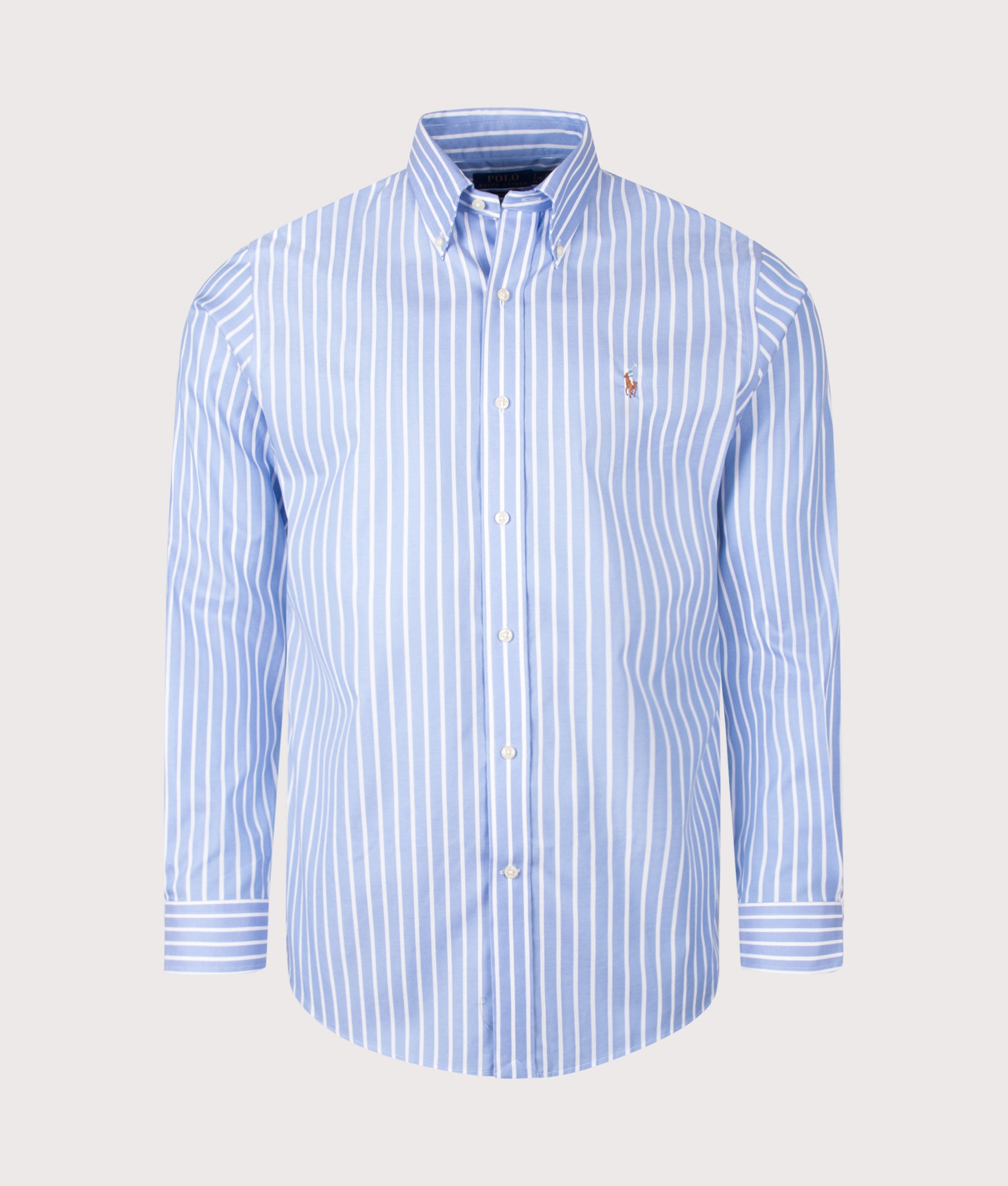 Polo Ralph Lauren Custom Fit Striped Pinpoint Oxford Shirt in Blue and White at EQVVS Menswear. Front shot.