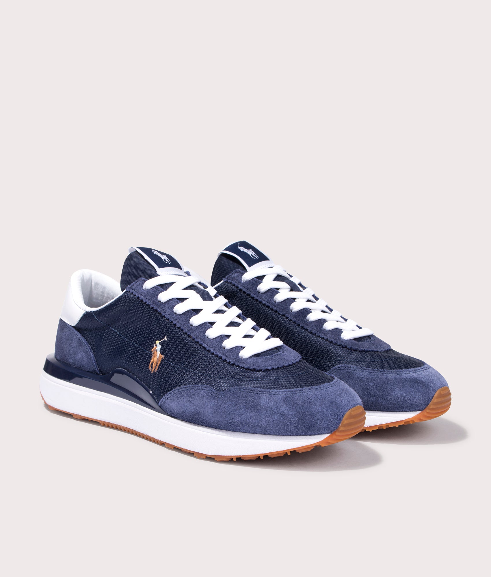 Polo Ralph Lauren Train 89 Suede Sneakers in Navy/Multi. Shot at EQVVS.  Front shot. 