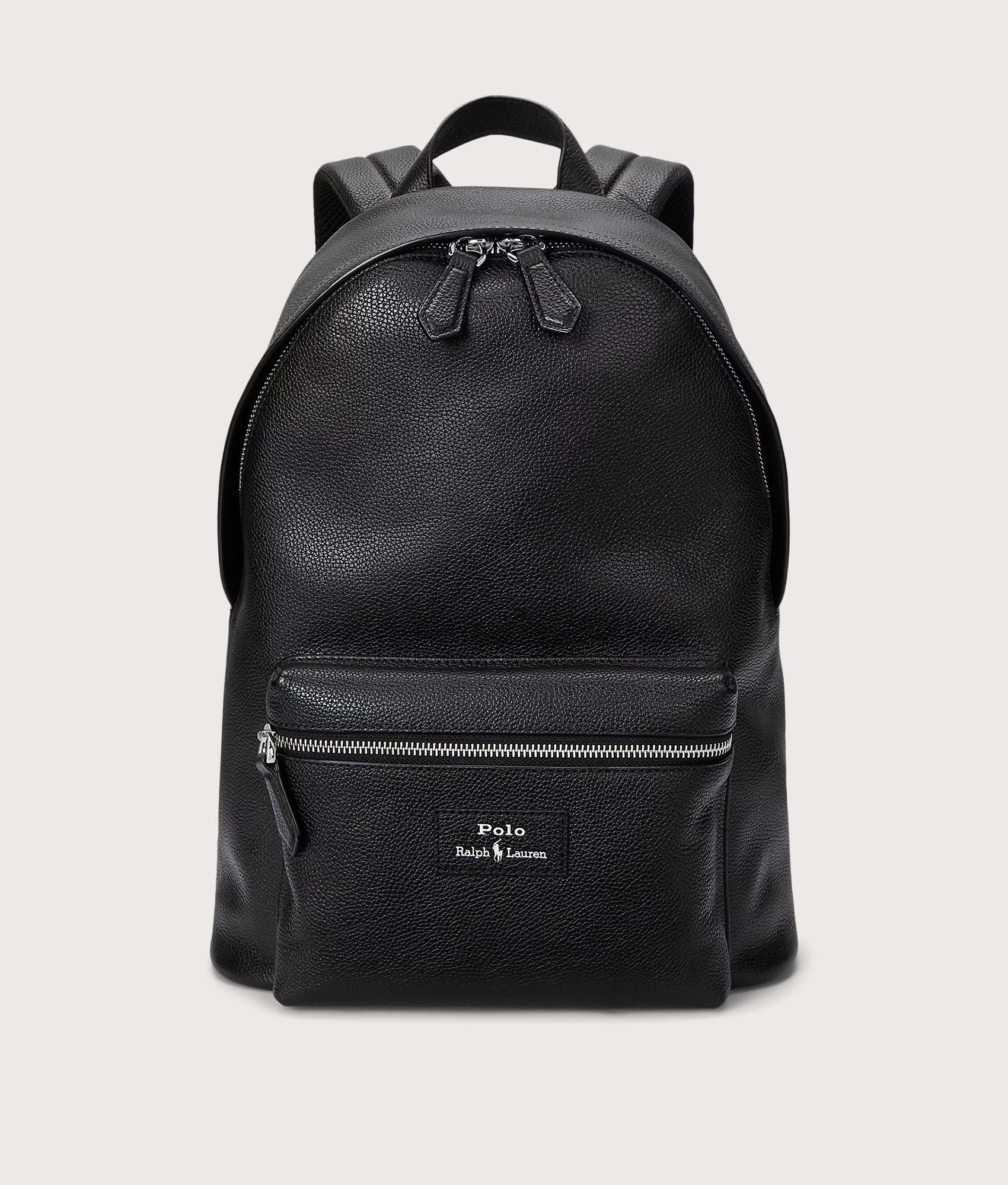 Polo Ralph Lauren Pebbled Leather Backpack in Black at EQVVS Menswear. Front shot.