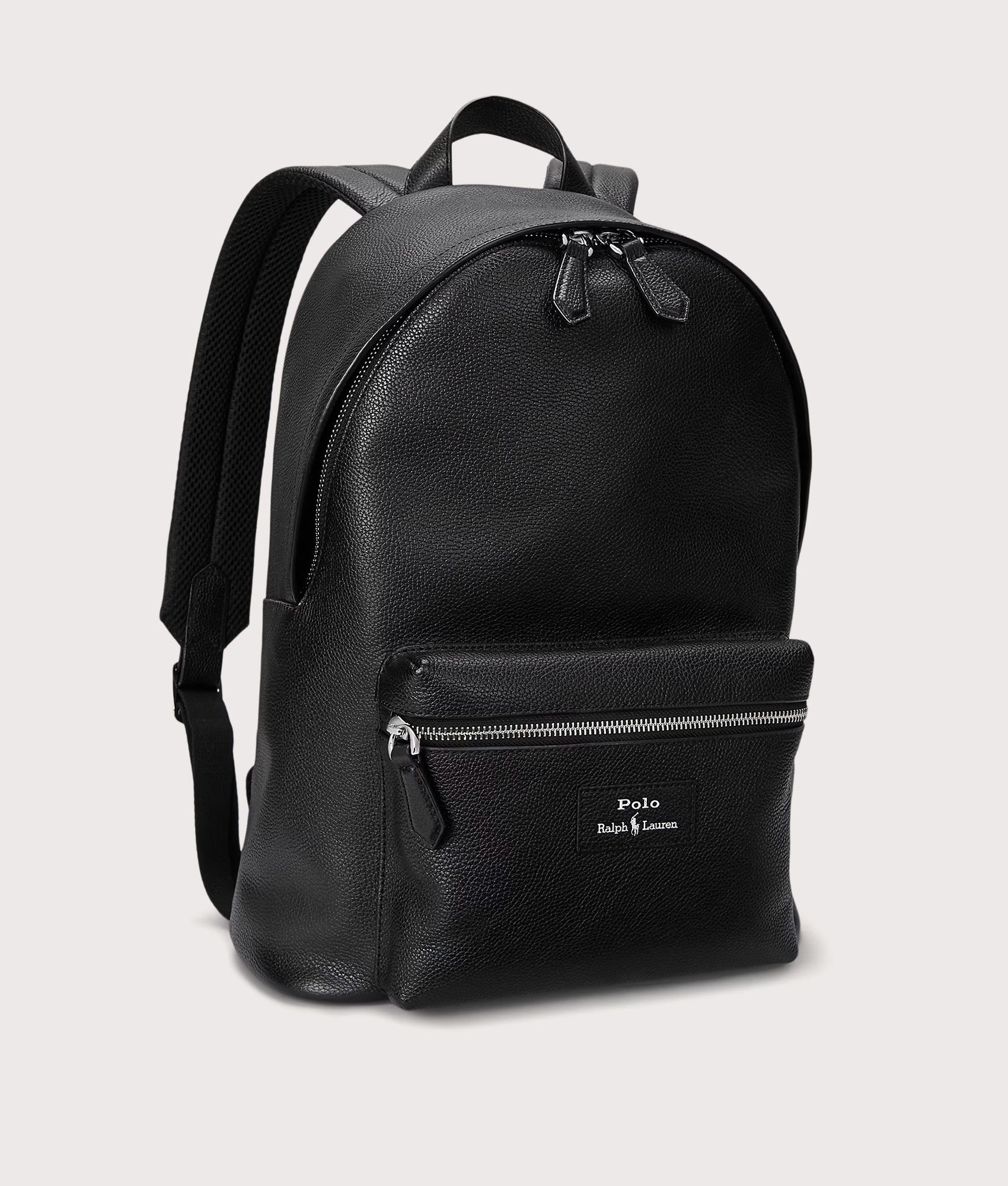 Polo Ralph Lauren Pebbled Leather Backpack in Black at EQVVS Menswear. Angled front shot.