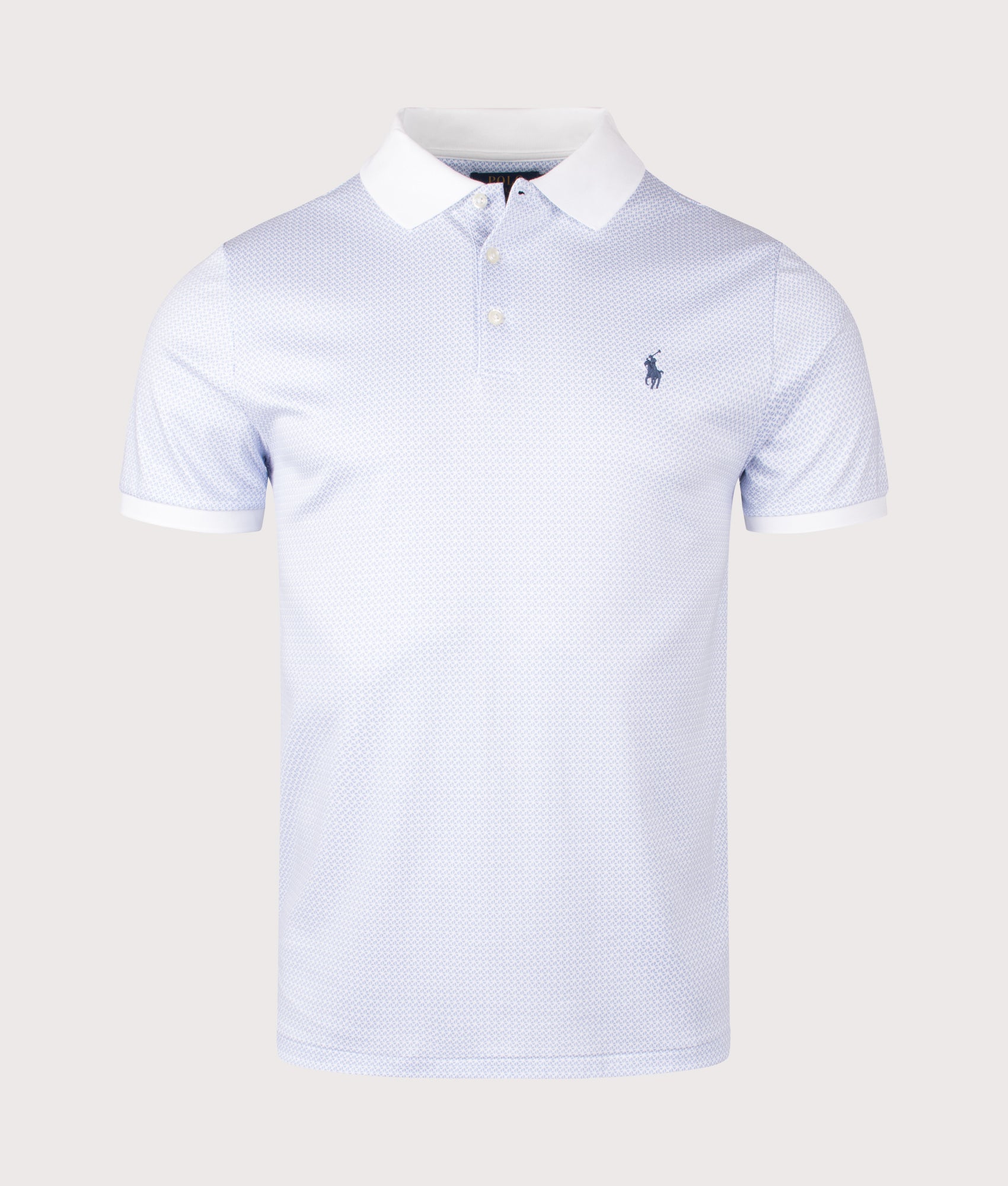 Polo Ralph Lauren Custom Slim Fit Print Polo Shirt in  Crescent Toss White. Shot at EQVVS.  Front shot 