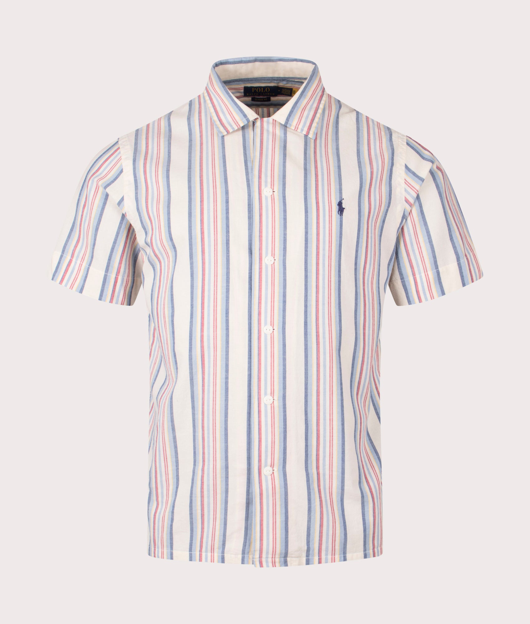 Polo Ralph Lauren Classic Fit Striped Chambray Camp Shirt in Off White and Red Multi front shot at EQVVS.