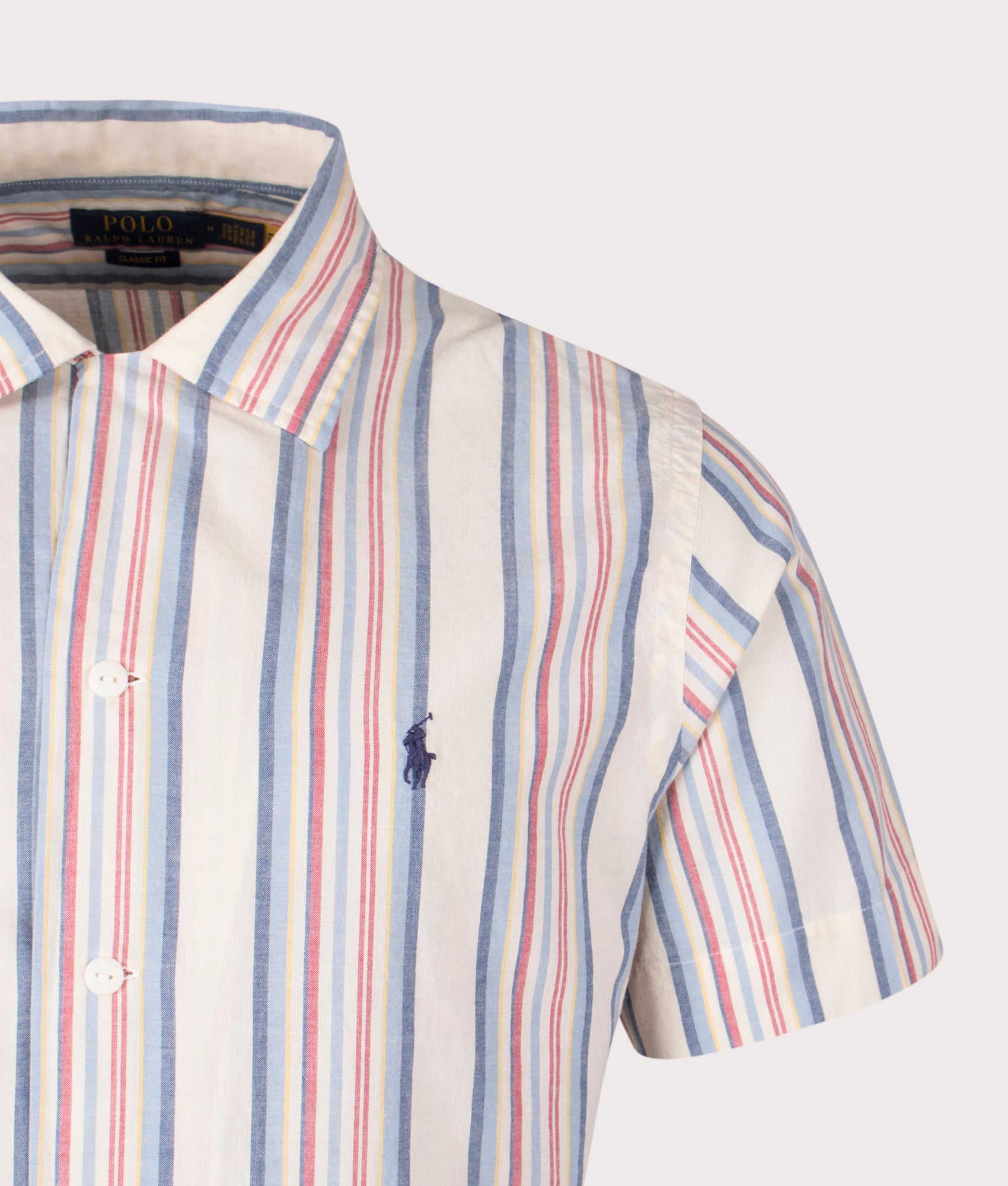 Polo Ralph Lauren Classic Fit Striped Chambray Camp Shirt in Off White and Red Multi Detail shot at EQVVS.