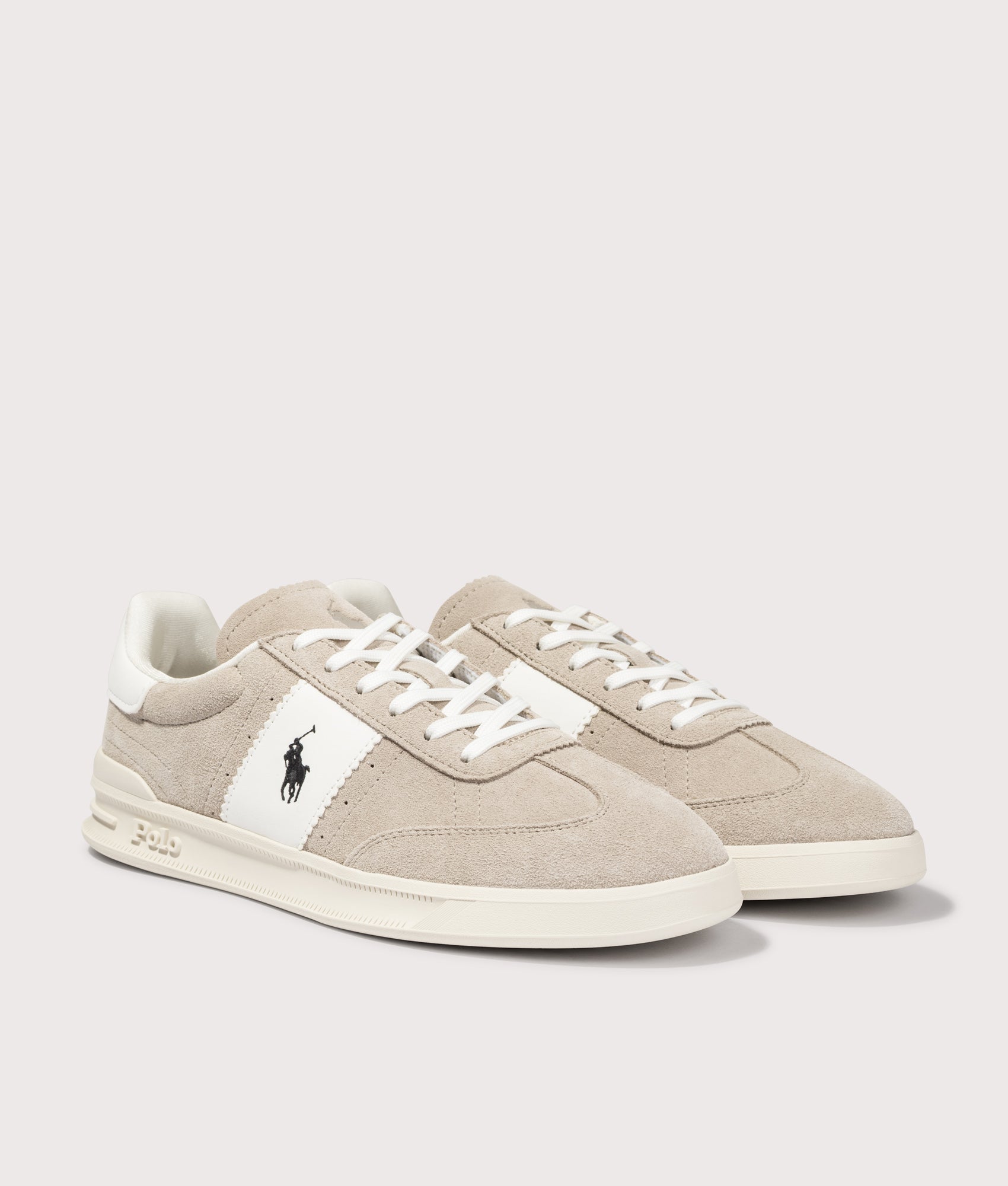 Polo Ralph Lauren Heritage Aera Suede Sneakers in Milkshake and Deckwash at EQVVS Menswear. Angled front shot.