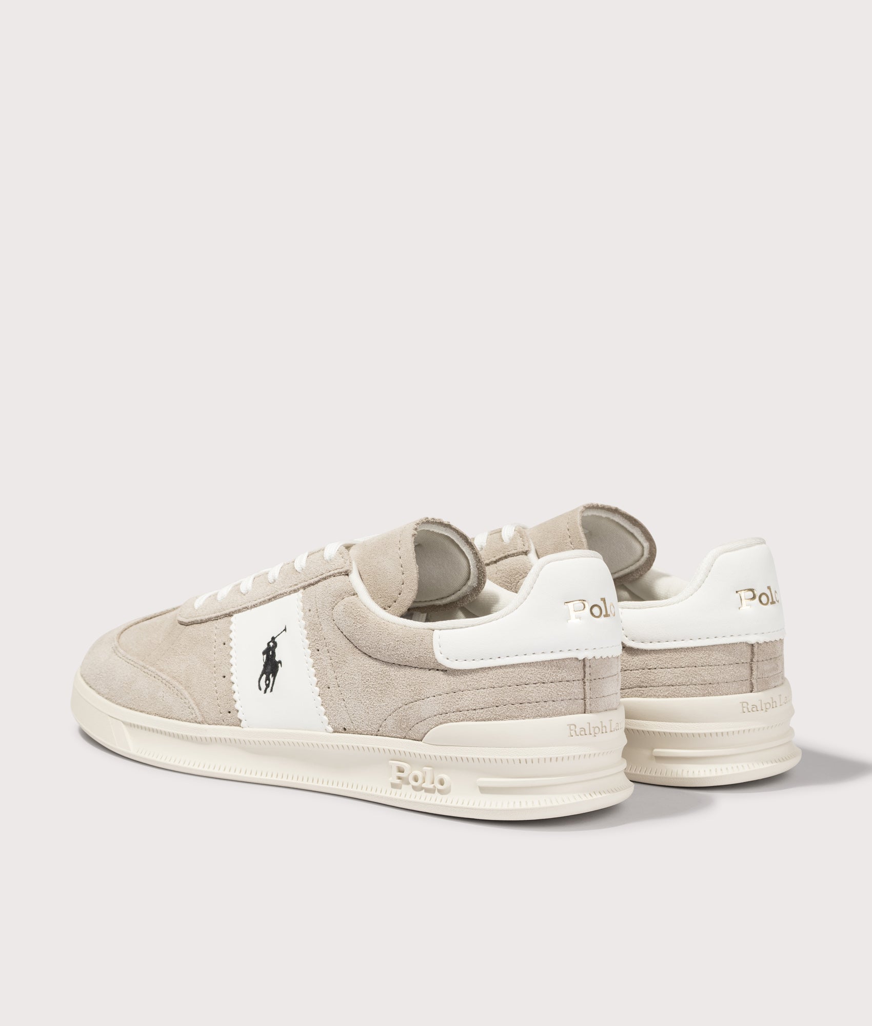 Polo Ralph Lauren Heritage Aera Suede Sneakers in Milkshake and Deckwash at EQVVS Menswear. Angled back shot.