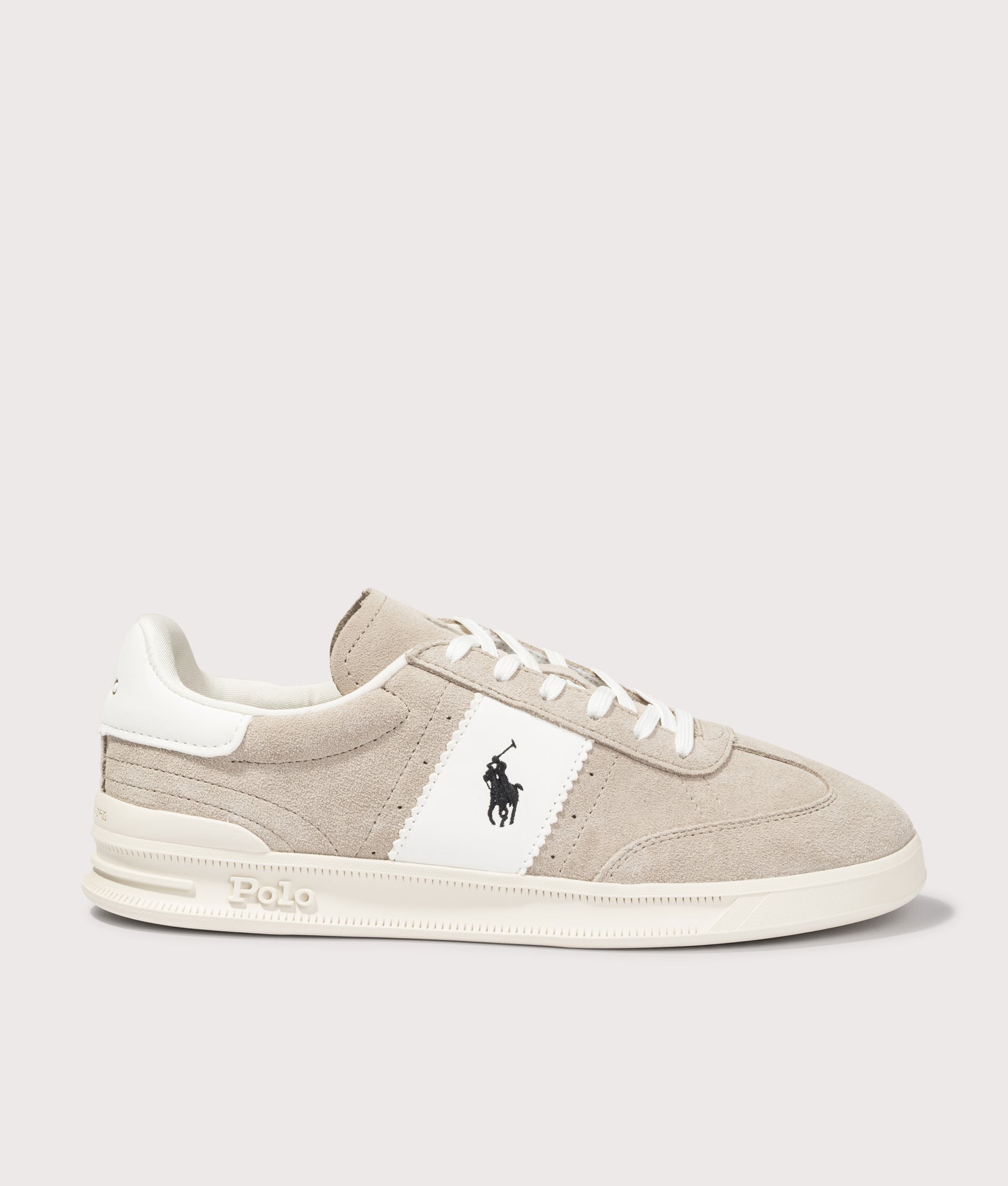 Polo Ralph Lauren Heritage Aera Suede Sneakers in Milkshake and Deckwash at EQVVS Menswear. Side shot.