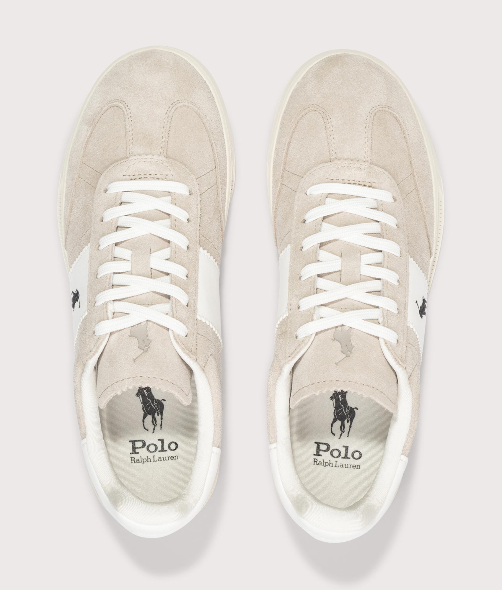 Polo Ralph Lauren Heritage Aera Suede Sneakers in Milkshake and Deckwash at EQVVS Menswear. Top shot.