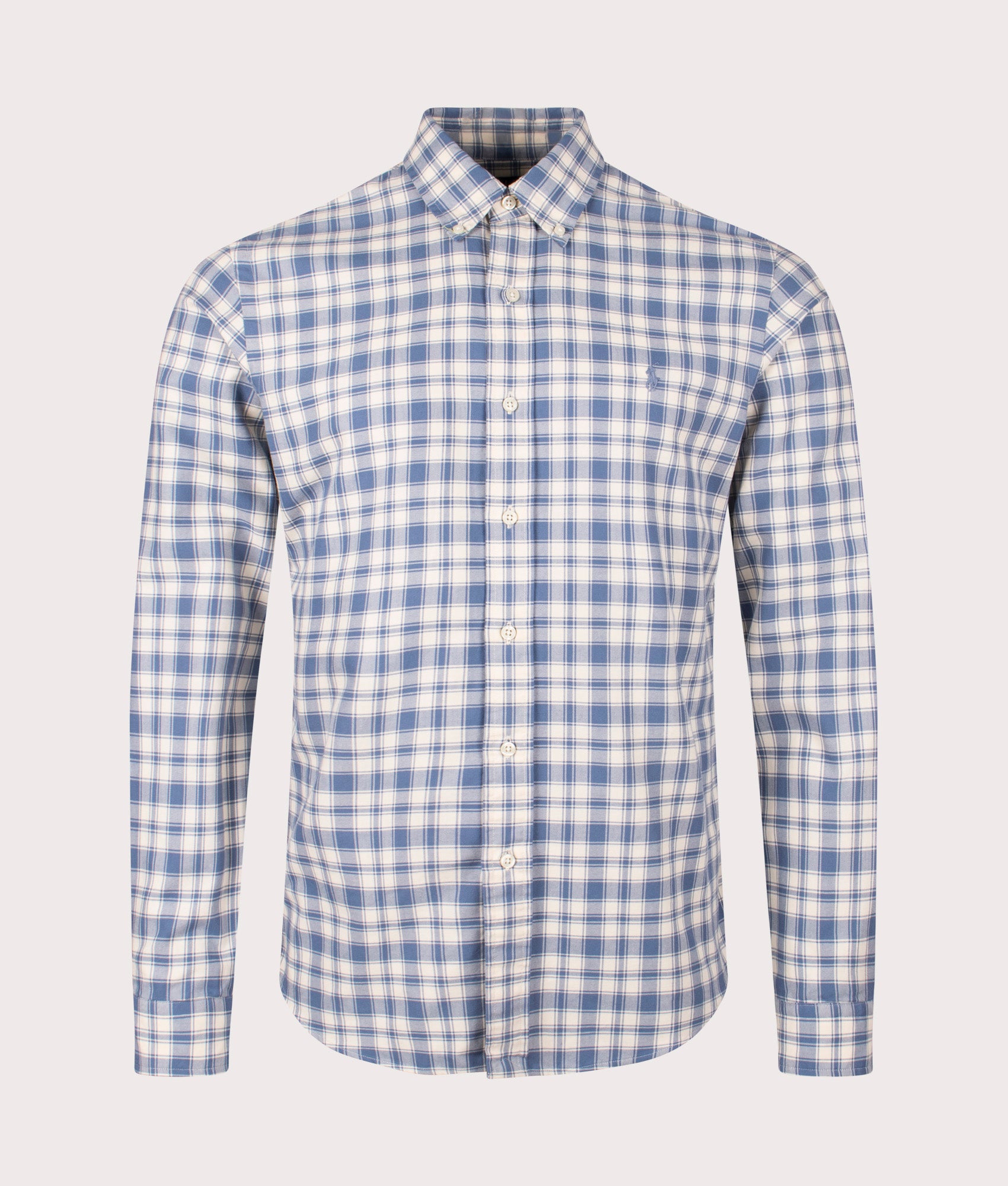 Polo Ralph Lauren Custom Fit Plaid Oxford Shirt in Blue and Cream at EQVVS. Front Shot.
