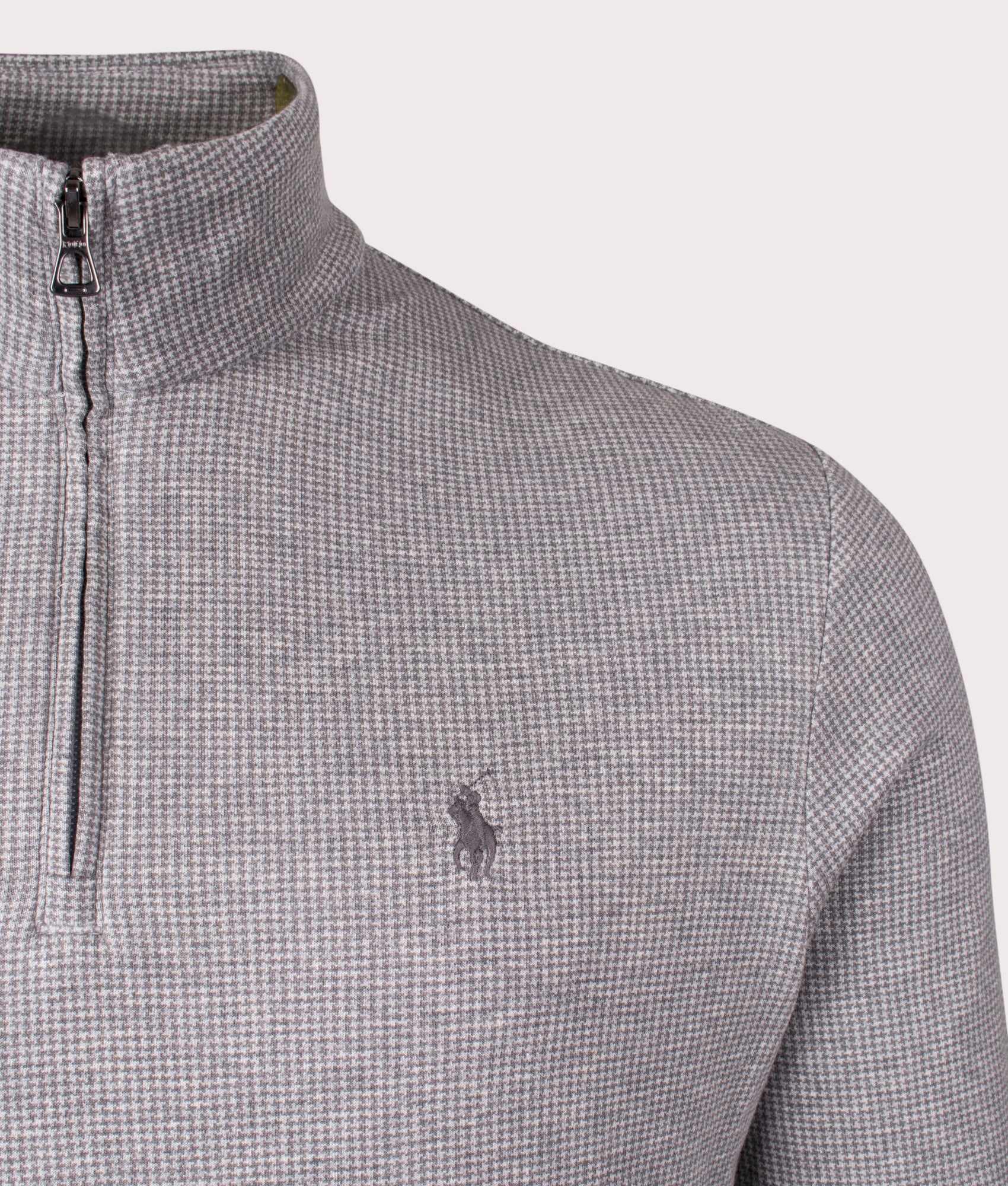 Polo Ralph Lauren Luxury Jersey Houndstooth Quarter Zip Sweatshirt in Andover Heather Puppytooth. Shot at EQVVS. Front logo shot 