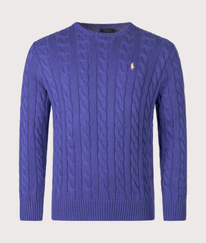 Cable Knit Cotton Jumper by Polo Ralph Lauren in Bluebell Bloom. Shot by EQVVS. Front shot.
