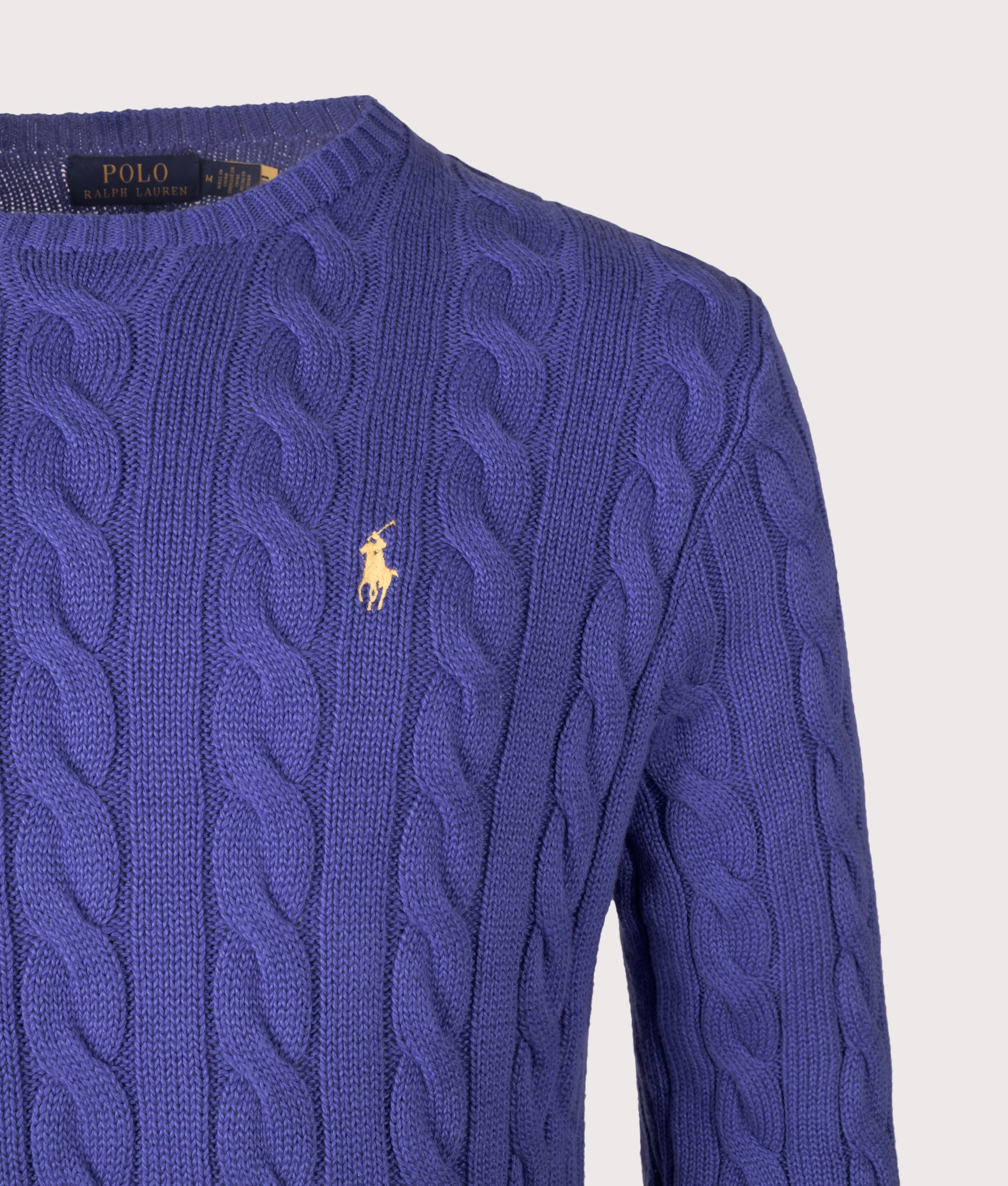 Cable Knit Cotton Jumper by Polo Ralph Lauren in Bluebell Bloom. Shot by EQVVS. Detail shot.