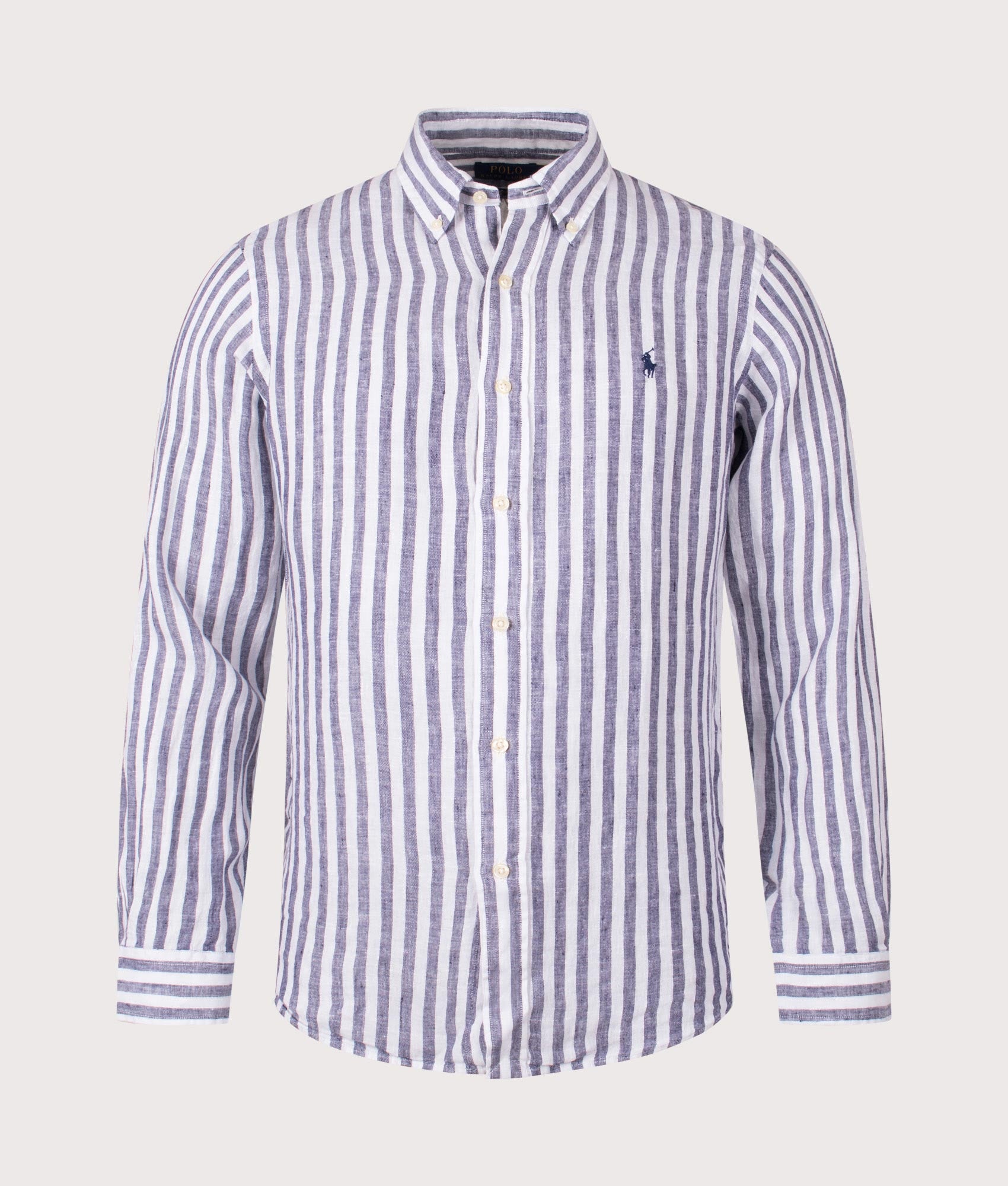 Custom Fit Striped Linen Shirt. Shot by EQVVS. Front shot.