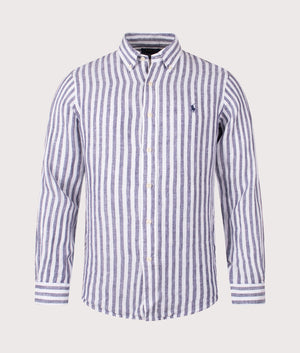 Custom Fit Striped Linen Shirt. Shot by EQVVS. Front shot.