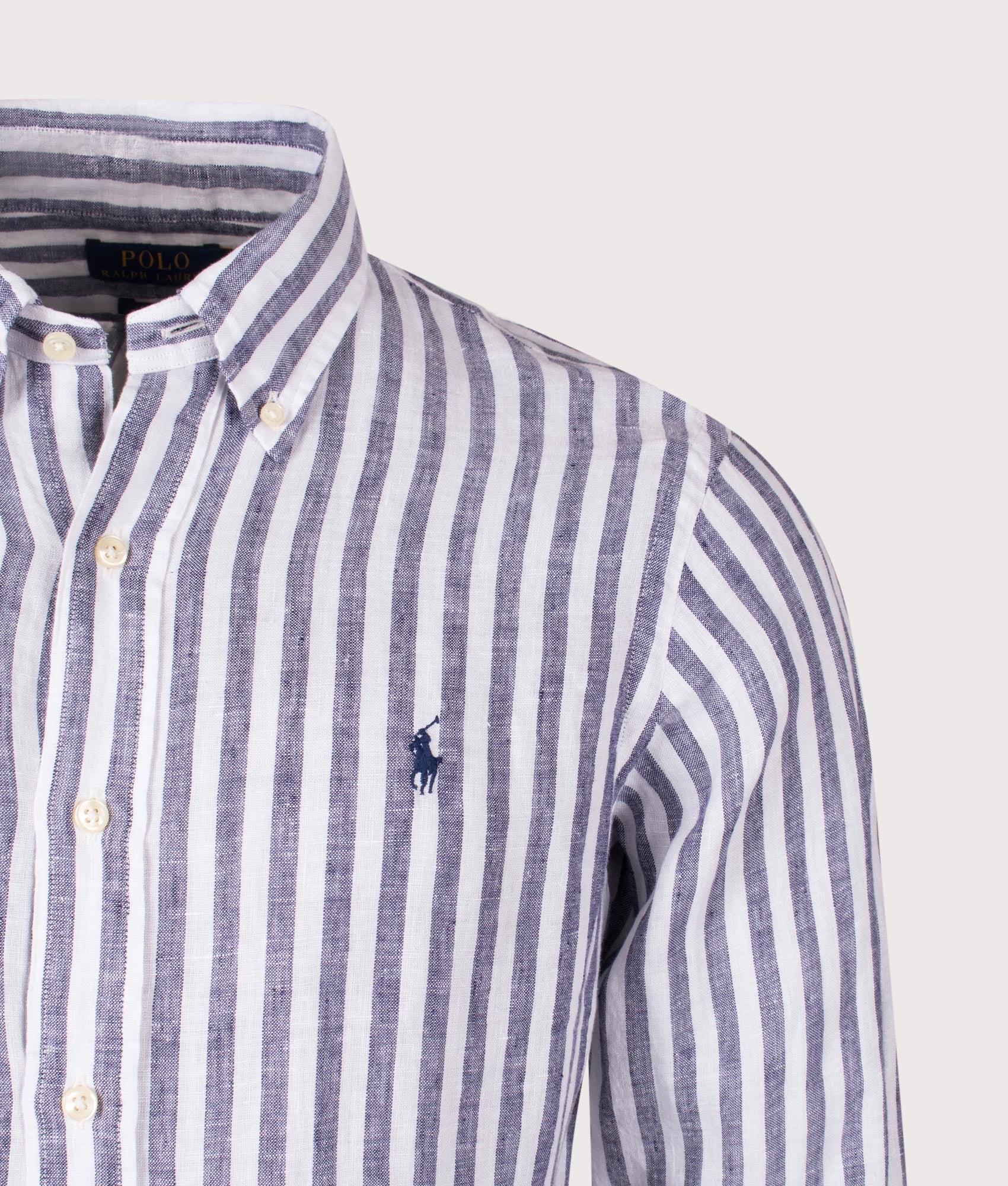 Custom Fit Striped Linen Shirt. Shot by EQVVS. Detail shot.