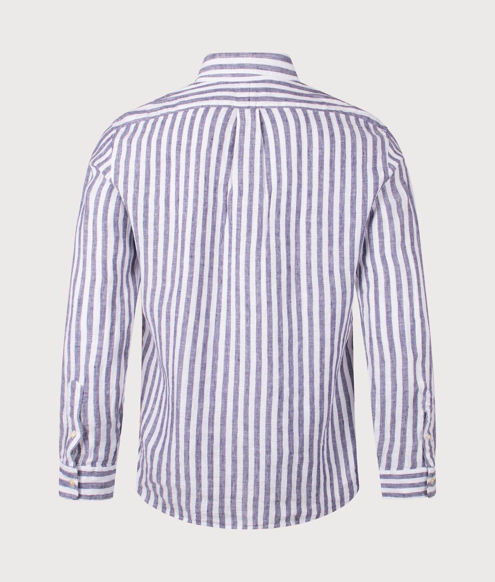 Custom Fit Striped Linen Shirt. Shot by EQVVS. Back shot.