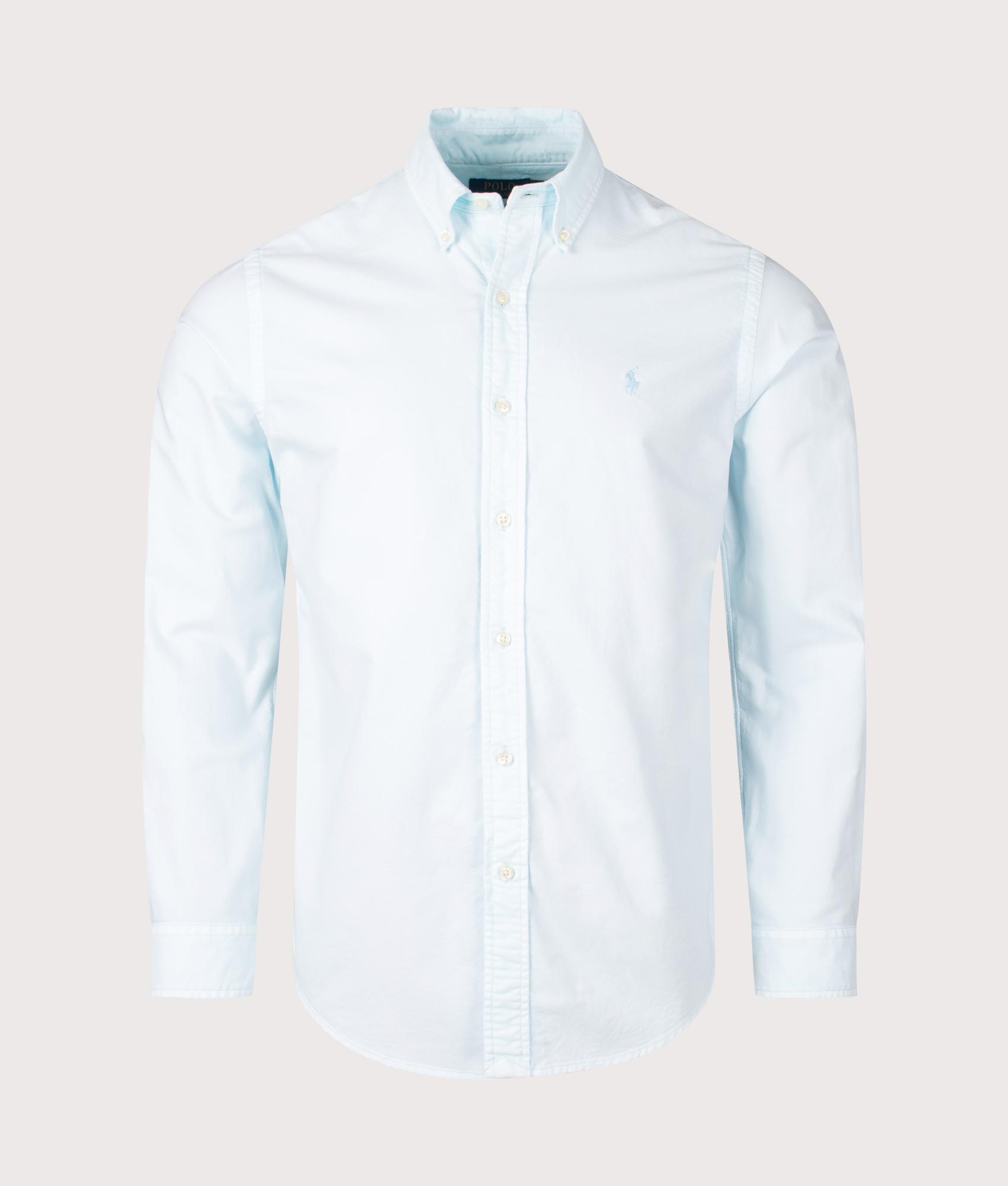 Polo Ralph Lauren Custom Fit Mineral-Dyed Oxford Shirt in Sky. Shot at EQVVS. Front shot 