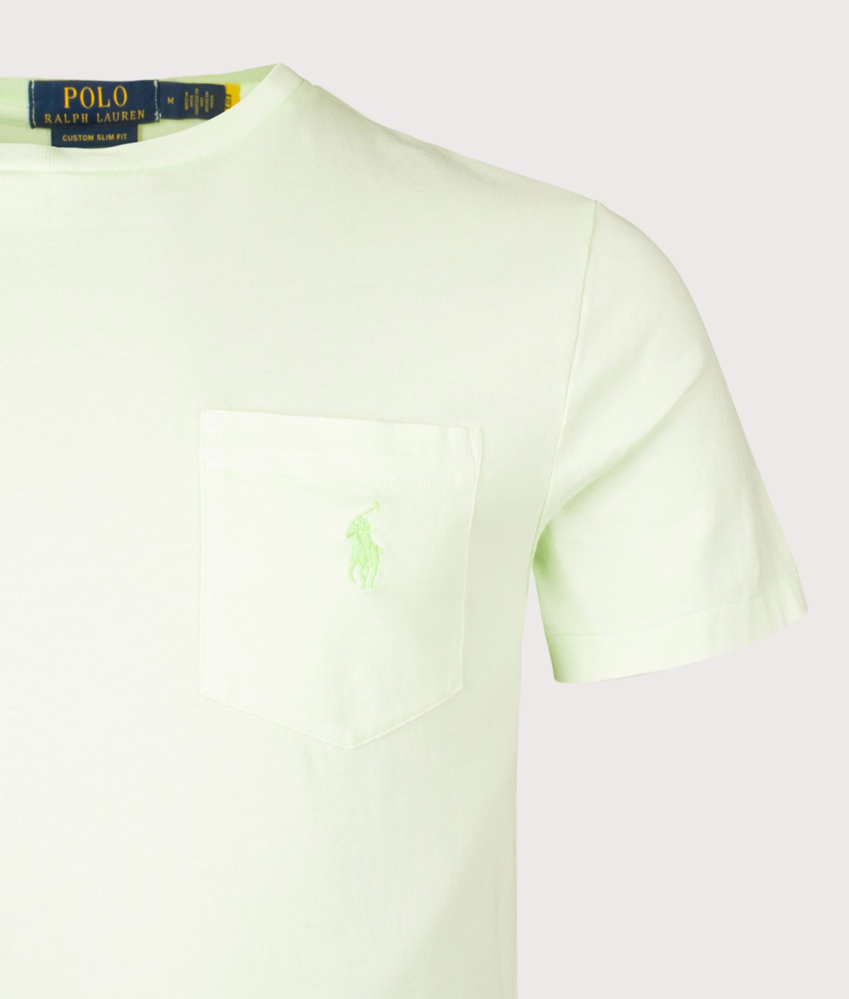 Polo Ralph Lauren Custom Slim Mineral-Dyed Pocket T-Shirt in Leaf. Shot at EQVVS. Front detail shot 