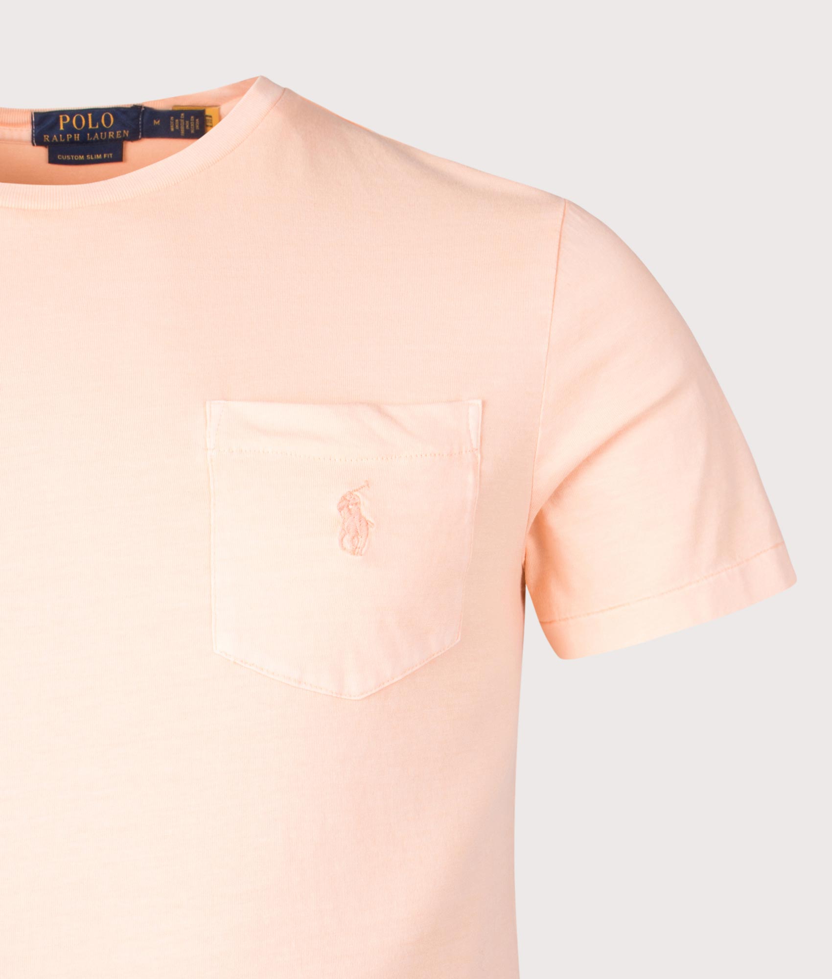 Polo Ralph Lauren Custom Slim Mineral-Dyed Pocket T-Shirt in Amber . Shot at EQVVS. Front detail shot 