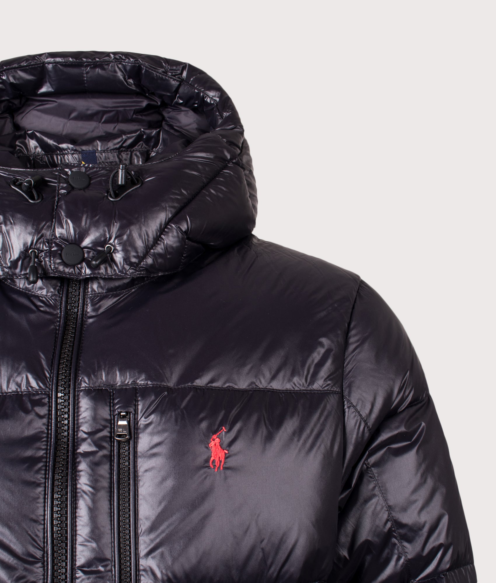 Polo Ralph Lauren Gorham Down Jacket in Polo Glossy Black at EQVVS Menswear. Detail shot.