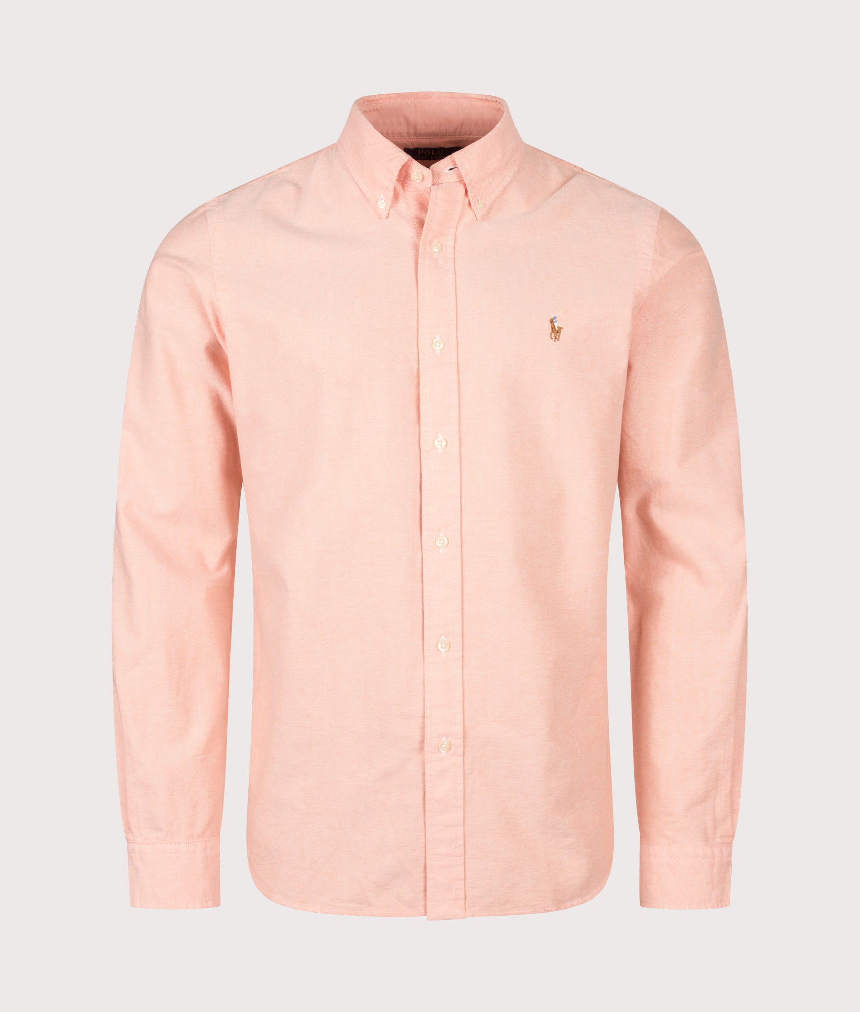 Polo Ralph Lauren Custom Fit Iconic Oxford Shirt in Kona Orange at EQVVS Menswear. Front shot.