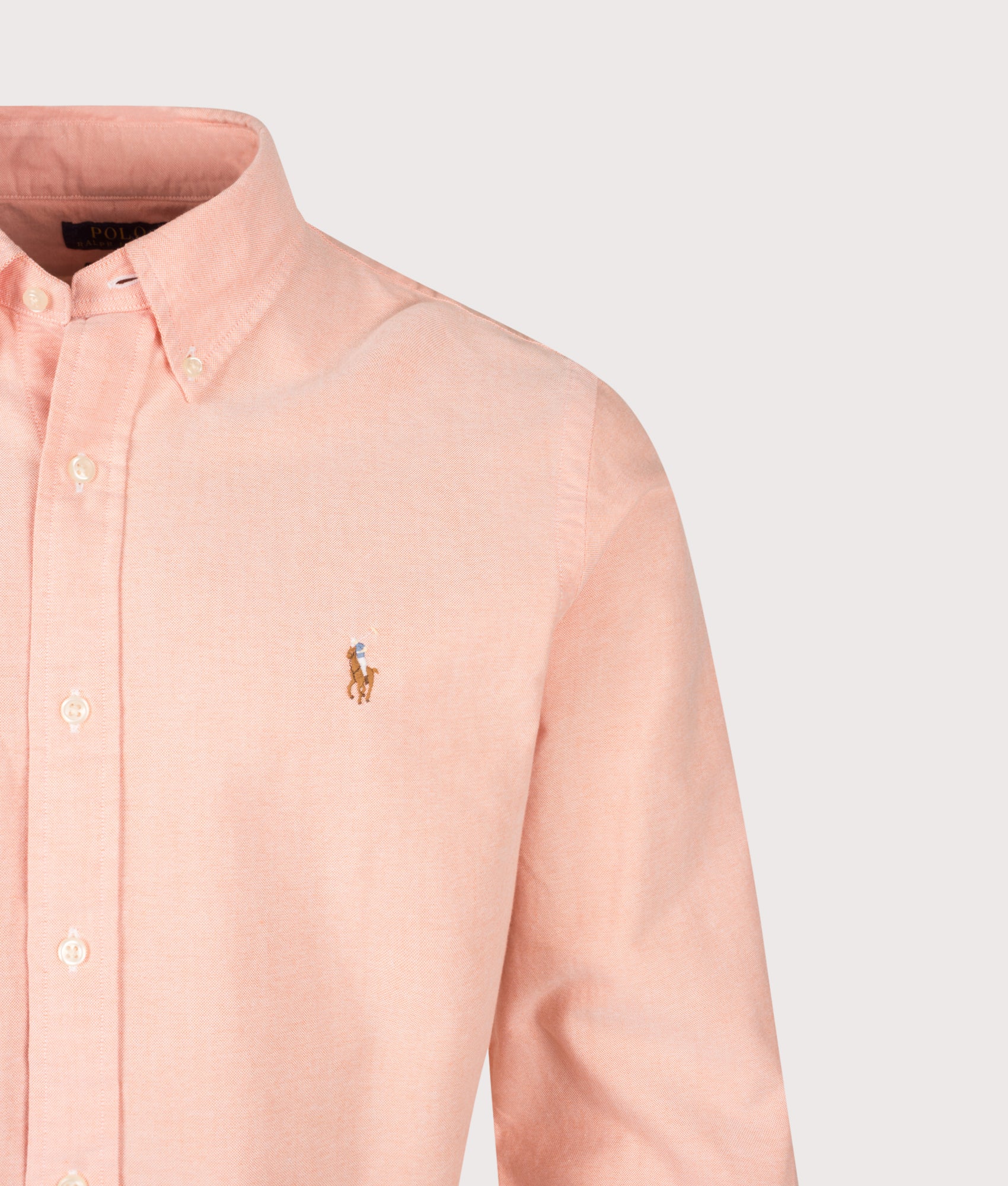Polo Ralph Lauren Custom Fit Iconic Oxford Shirt in Kona Orange at EQVVS Menswear. Detail shot.