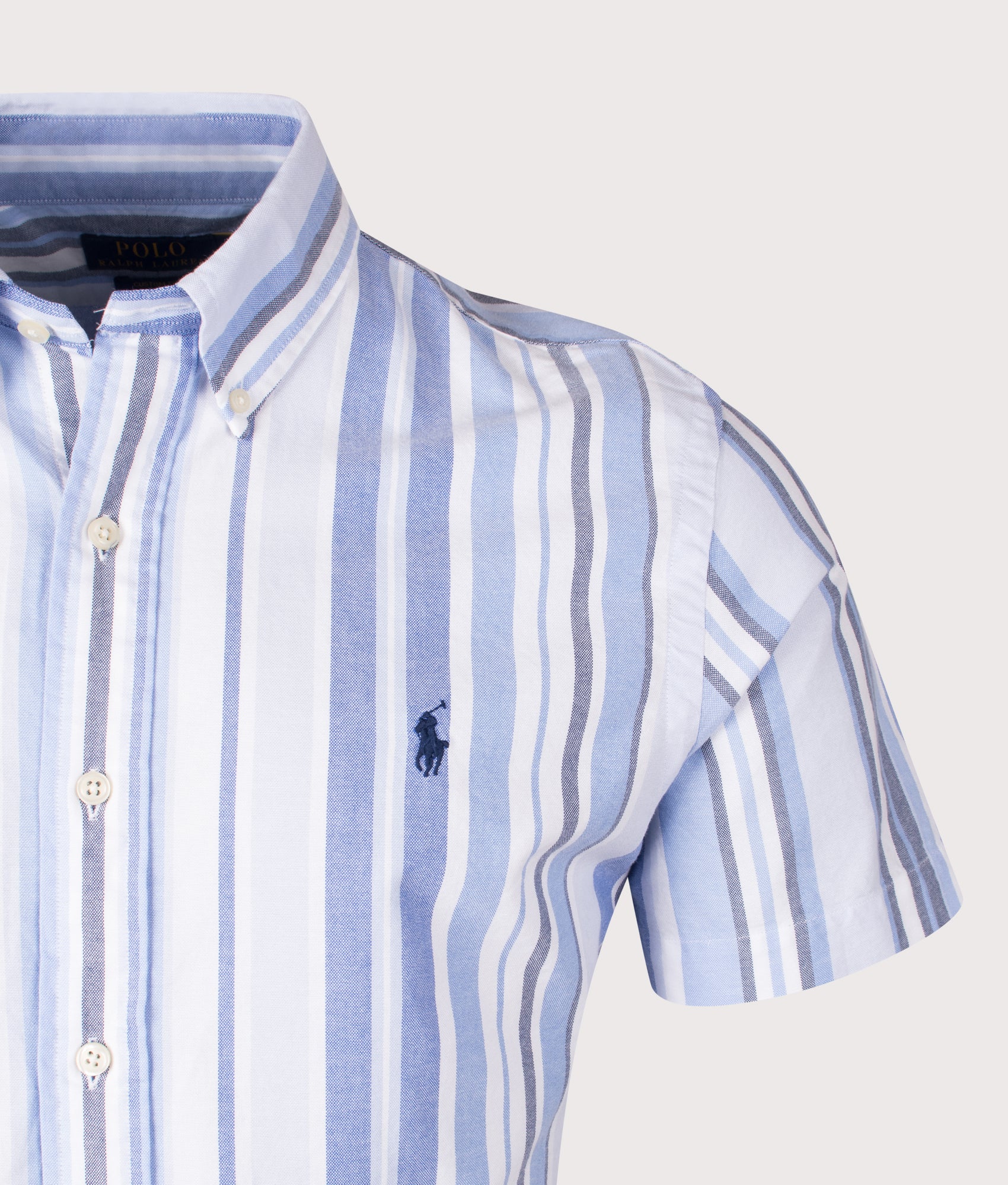 Custom Fit Striped Oxford Shirt. Shot by EQVVS. Front detail shot.