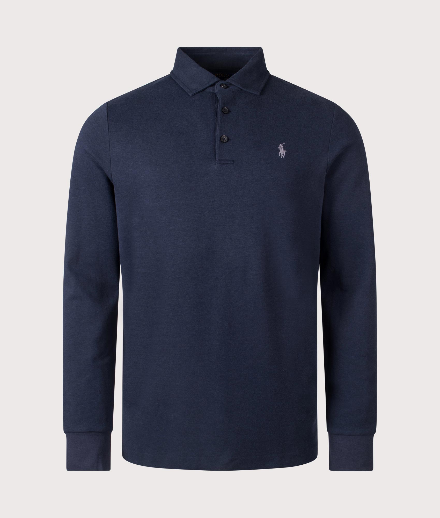 Polo Ralph Lauren Cotton Knitted Polo Shirt in Navy. EQVVS Front Shot.