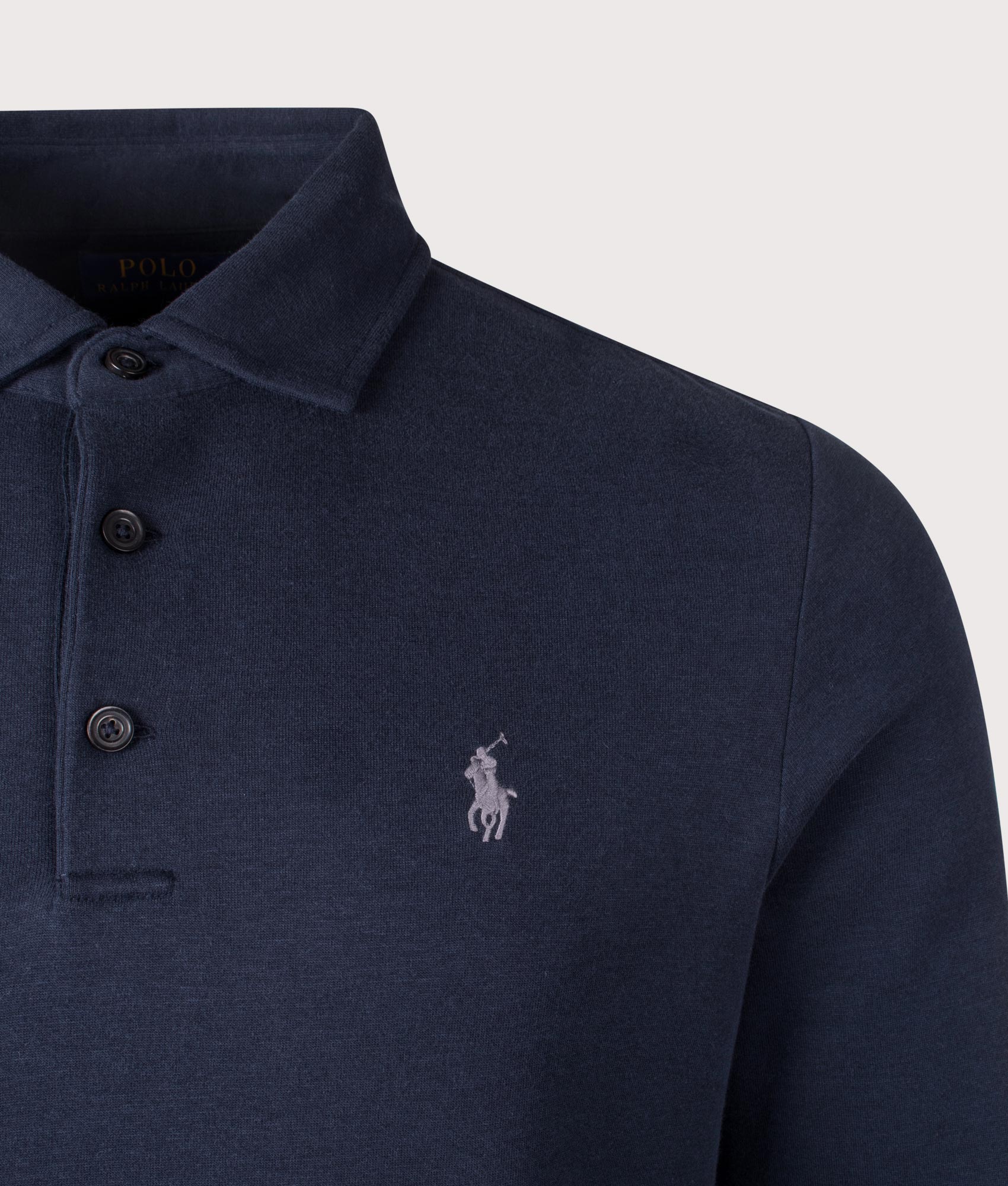 Polo Ralph Lauren Cotton Knitted Polo Shirt in Navy. EQVVS Detail Shot.