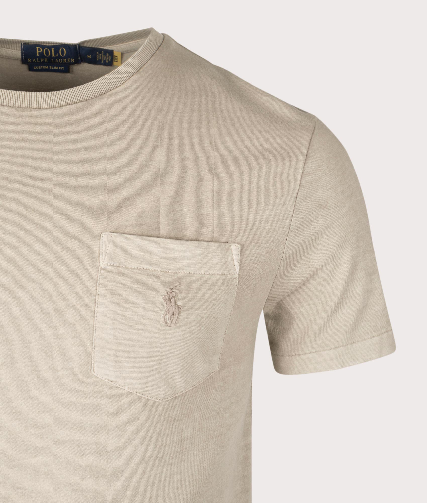 Polo Ralph Lauren Custom Slim Mineral-Dyed Pocket T-Shirt in Olive at EQVVS. Detail Shot.