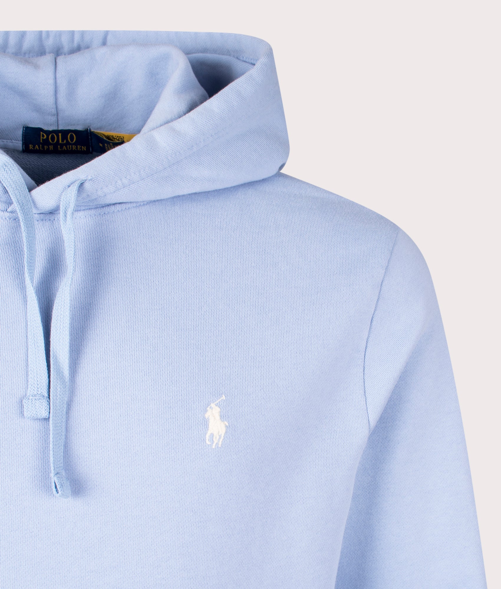 Polo Ralph Lauren Loopback Fleece Hoodie in Chambray Blue. EQVVS detail shot.