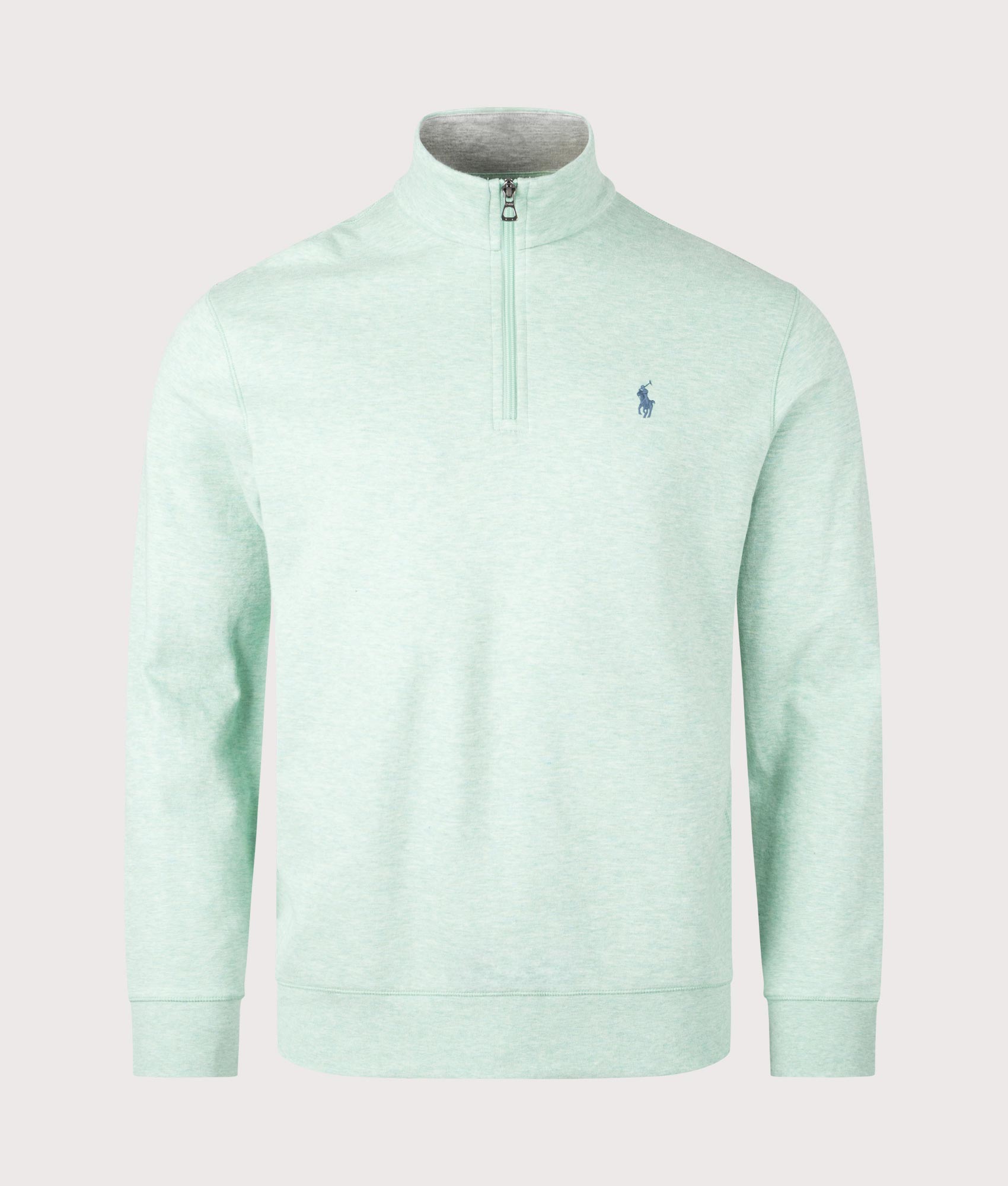 Polo Ralph Lauren Quarter Zip Sweatshirt in Celadon Heather at EQVVS Menswear. Front Shot.