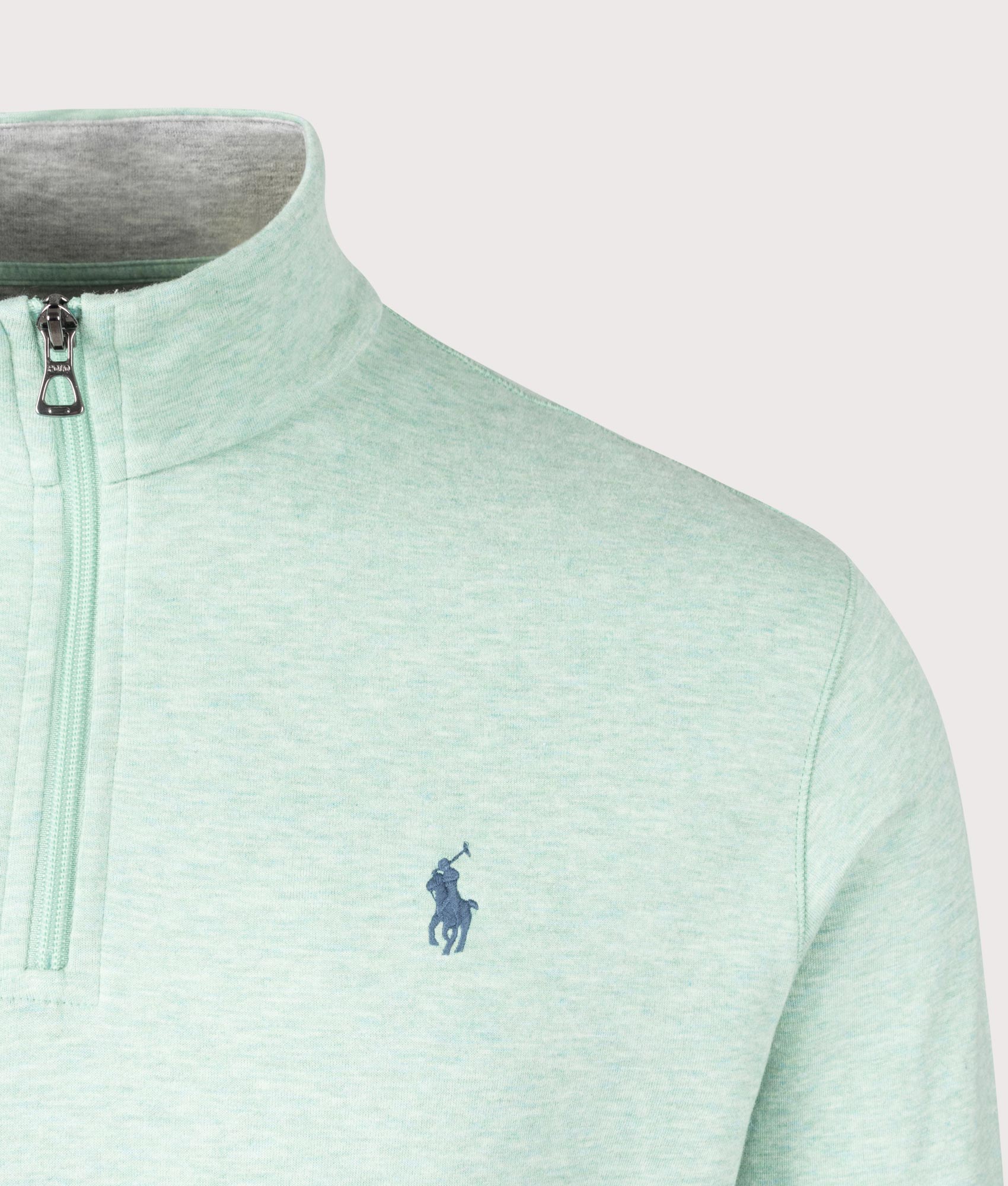 Polo Ralph Lauren Quarter Zip Sweatshirt in Celadon Heather at EQVVS Menswear. Detail shot.