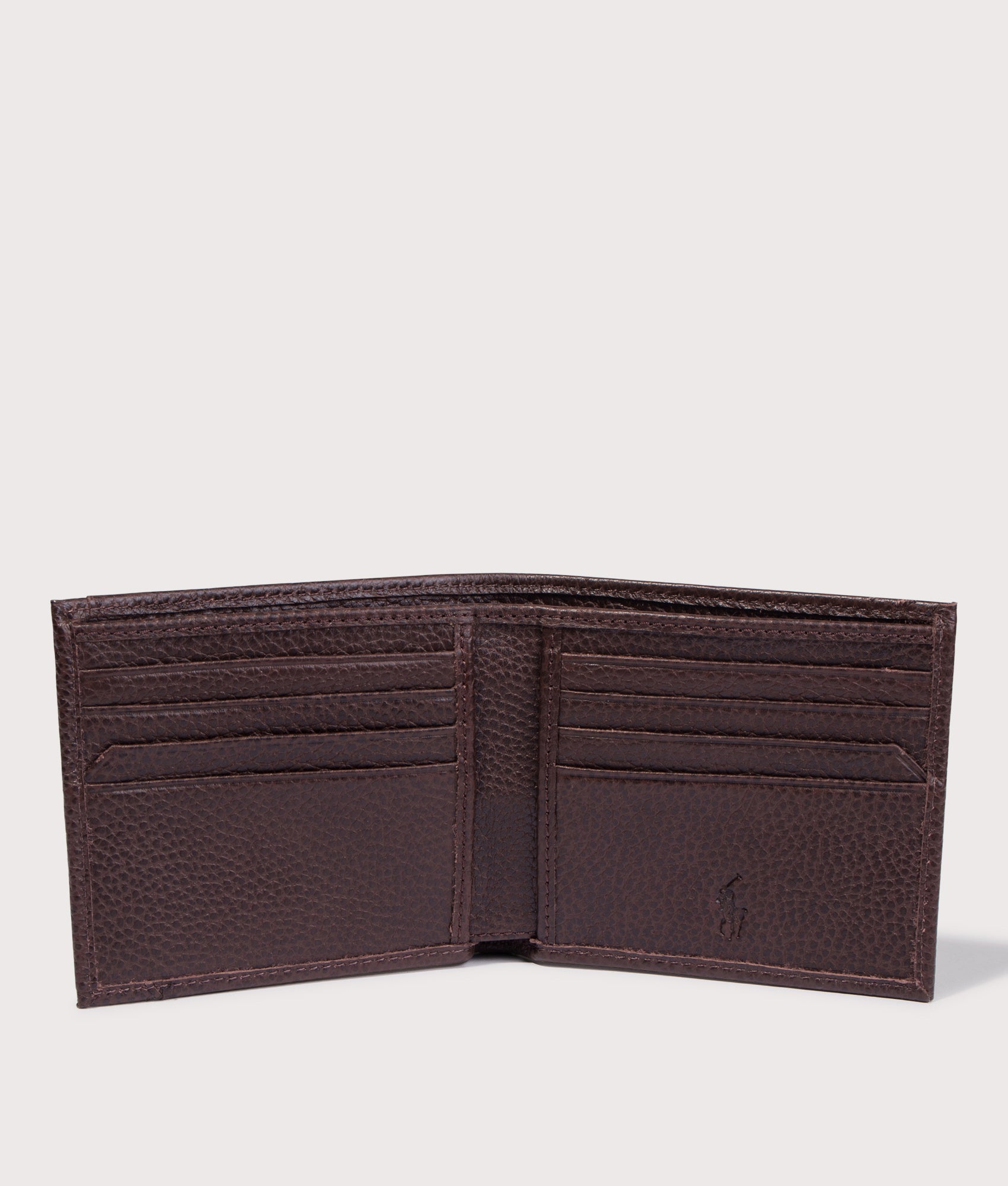 Pebbled Leather Billfold Wallet in Dark Brown | Polo Ralph Lauren | EQVVS | Open inside shot 
