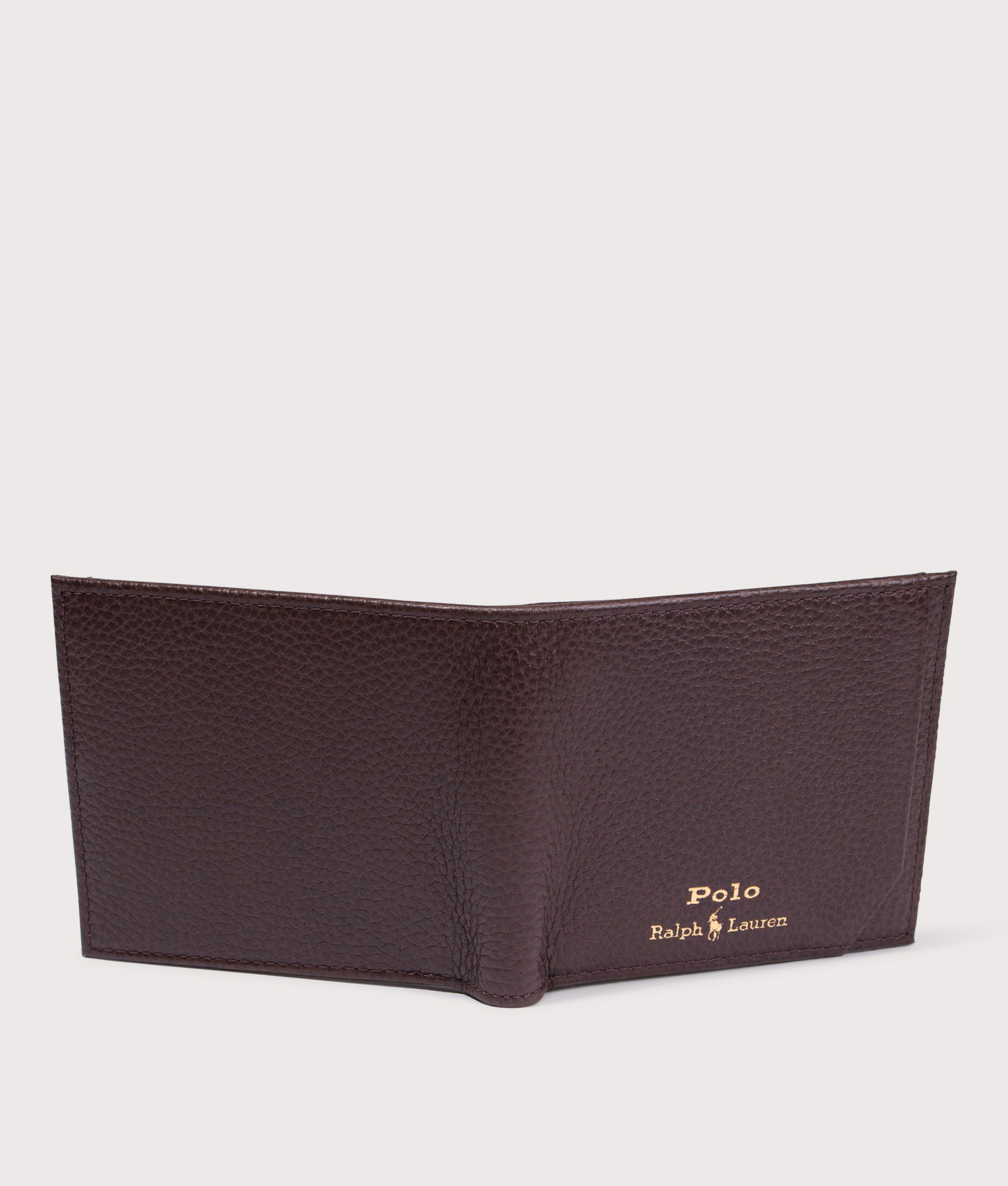 Pebbled Leather Billfold Wallet in Dark Brown | Polo Ralph Lauren | EQVVS | Open outside shot 