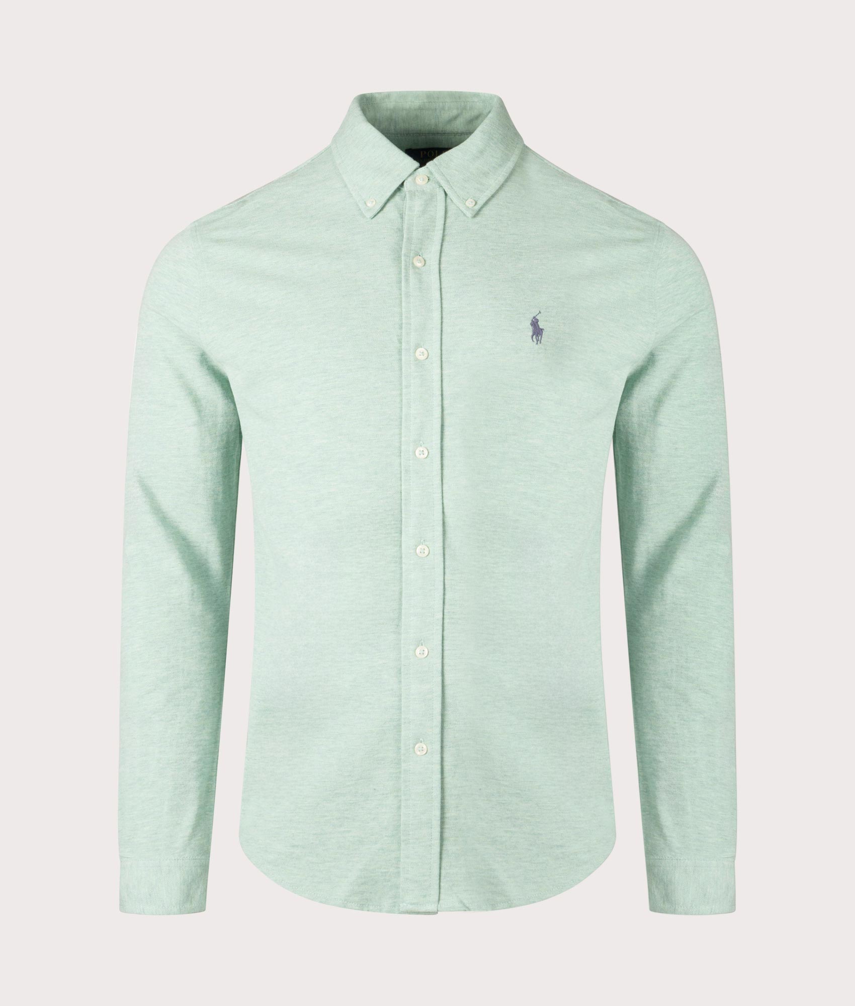 Polo Ralph Lauren Relaxed Fit Featherweight Mesh Shirt in Celadron Heather green. Front Shot.