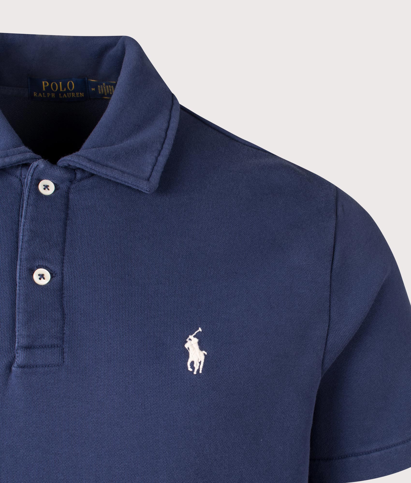 Polo Ralph Lauren Loopback Fleece Sweat Polo Shirt in Navy. EQVVS Detail Shot.