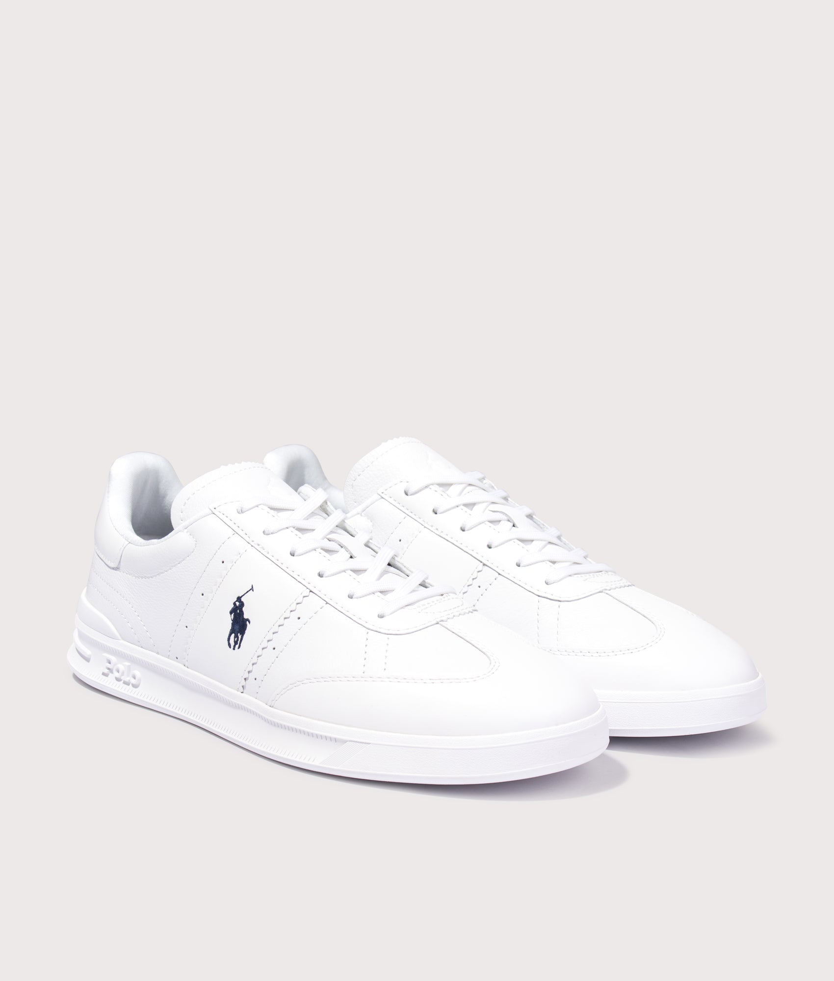 Polo Ralph Lauren The Heritage Aera Leather Sneakers in White and Navy at EQVVS Menswear. Angled front shot.